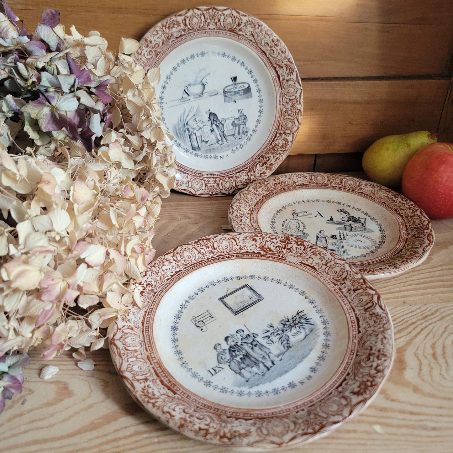 Set of Three Parlant Plates by Gien, Black and Brown Transferware with Musical and Riddle Themes, France c.1880