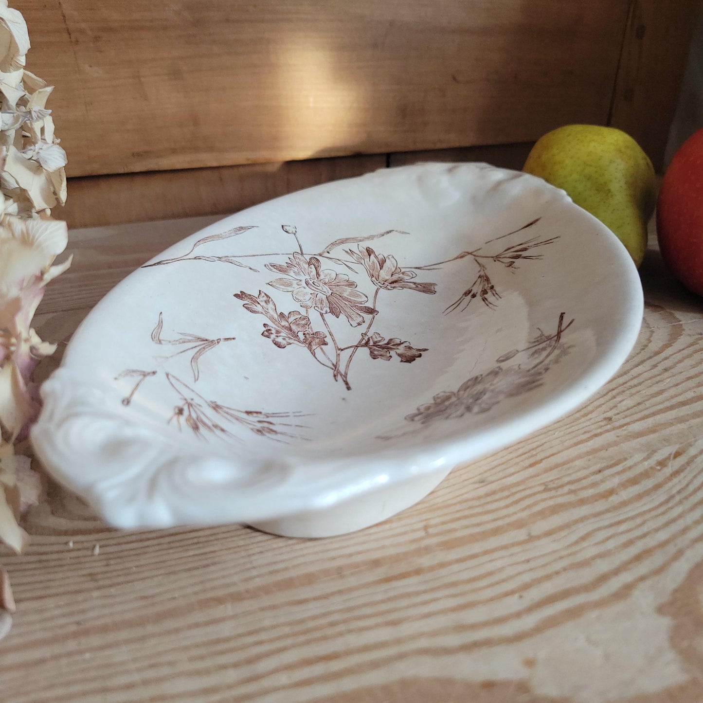 Antique Brown Transferware Oval Ravier Dish, Floral Design, Onnaing, France c.1890