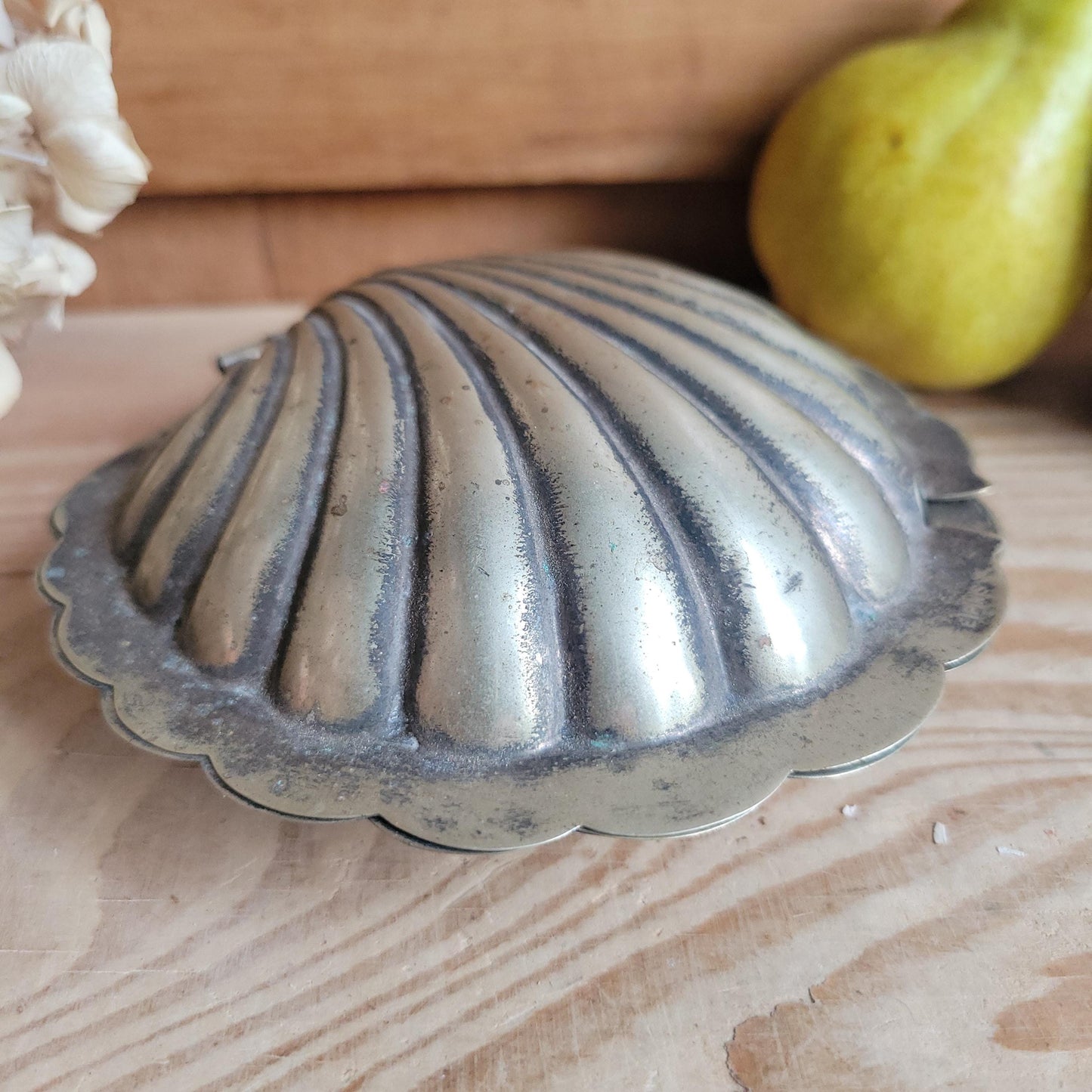 Small vintage scalloped-shaped butter dish with hinged lid France c 1950