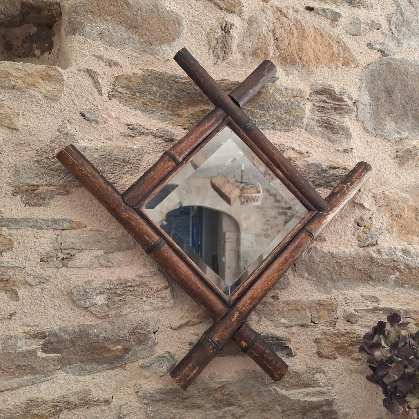 Antique French Bamboo Mirror Diamond Shape c1900 Wall Mirror