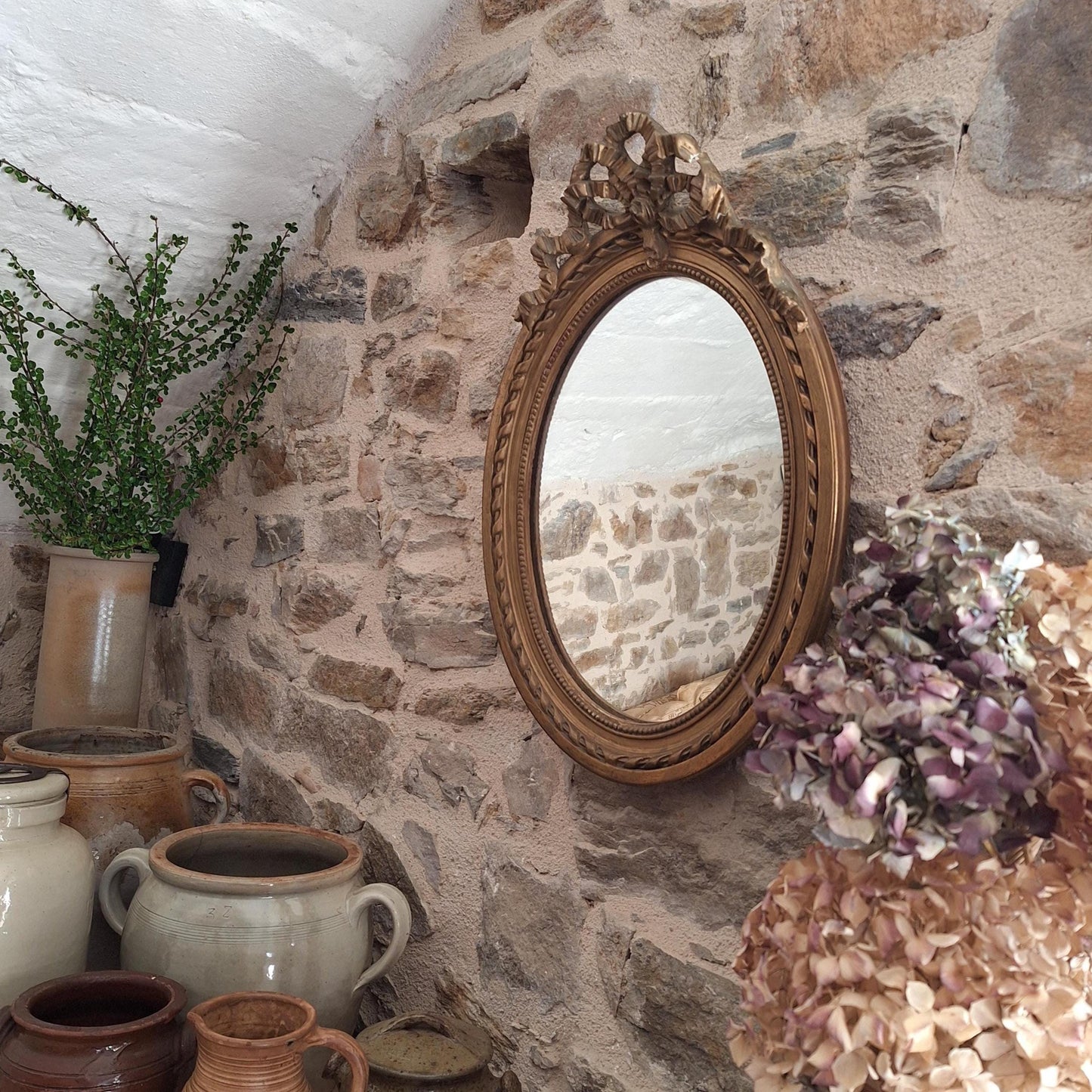 Antique French Oval Mirror with Ribbon Motif Moulding, Gilt Wood Plaster Frame c1890, Medium Size