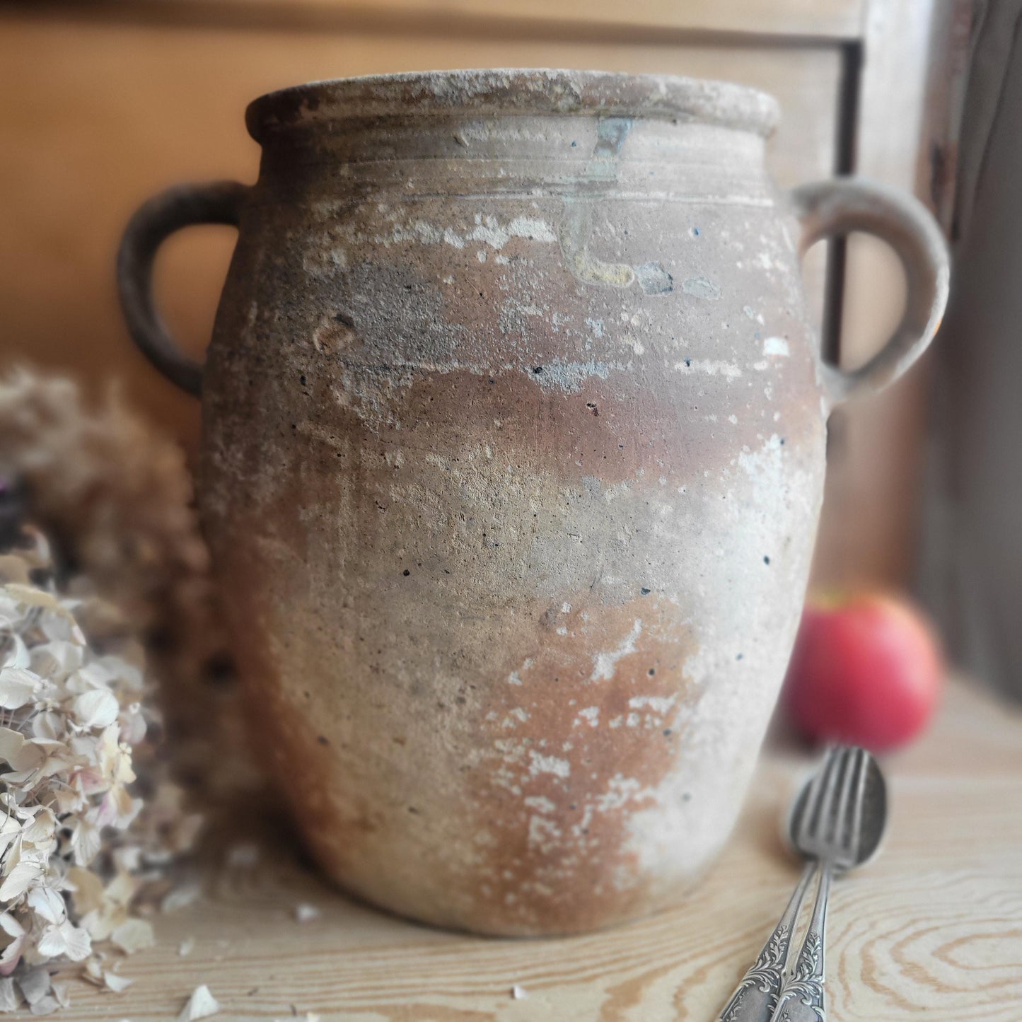 Antique French Confit Pot-two handled stoneware, pale brown part glaze and ecru ground early 1900s