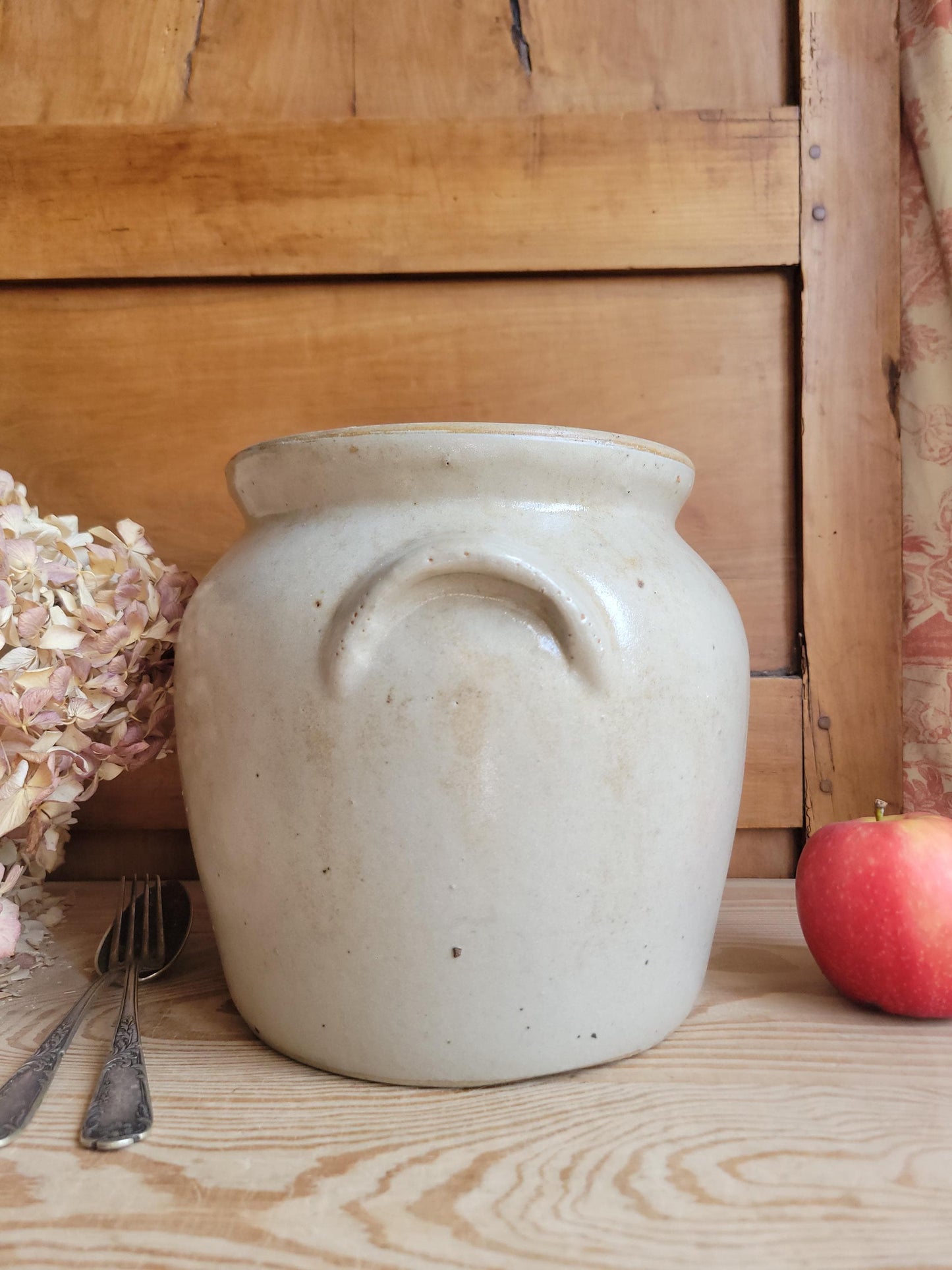 Large Antique French Confit Pot - Glazed attached-handled vintage stoneware, greige, early 1900s
