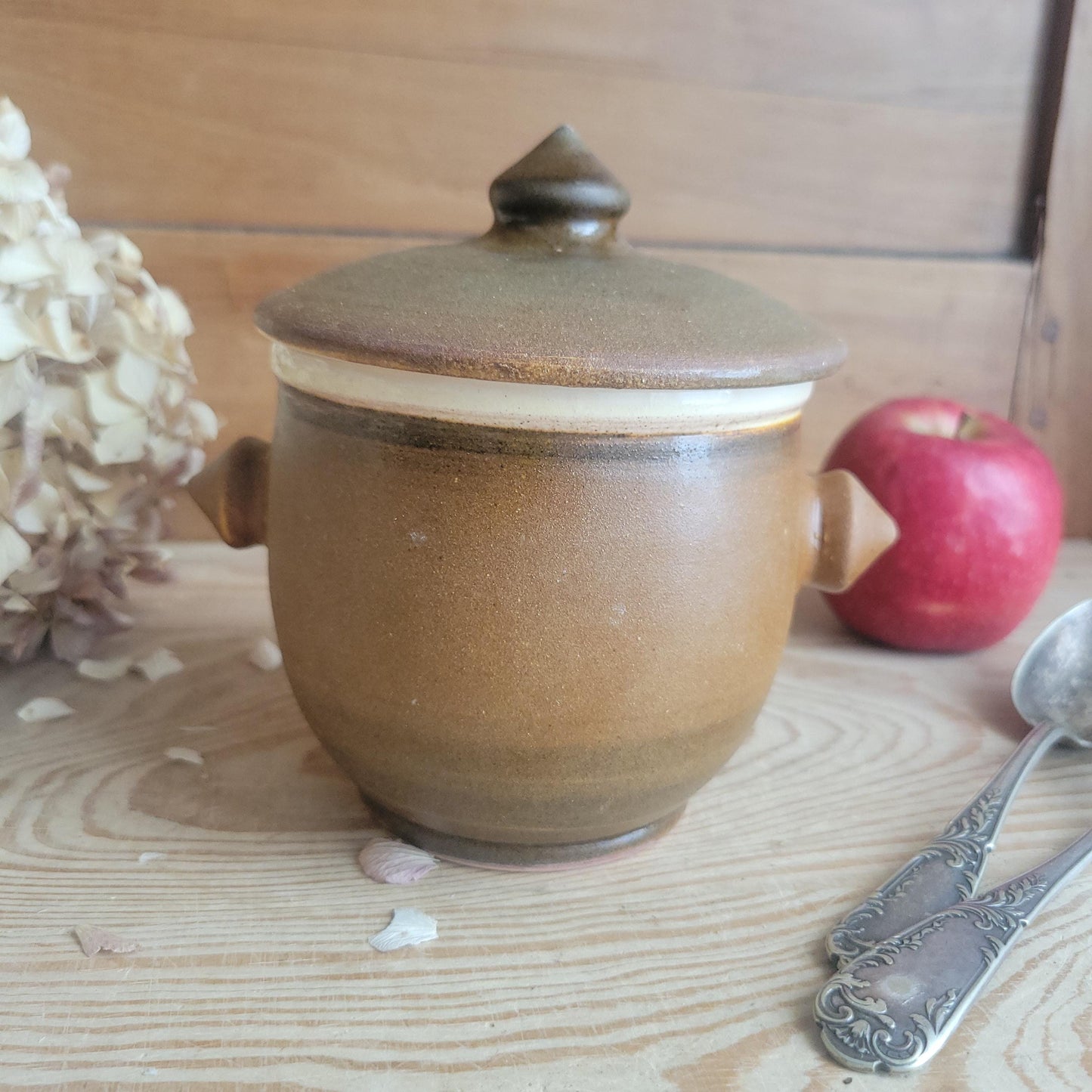 Small Stoneware Lidded Pot with Brown Glaze and White Interior, France c.1920