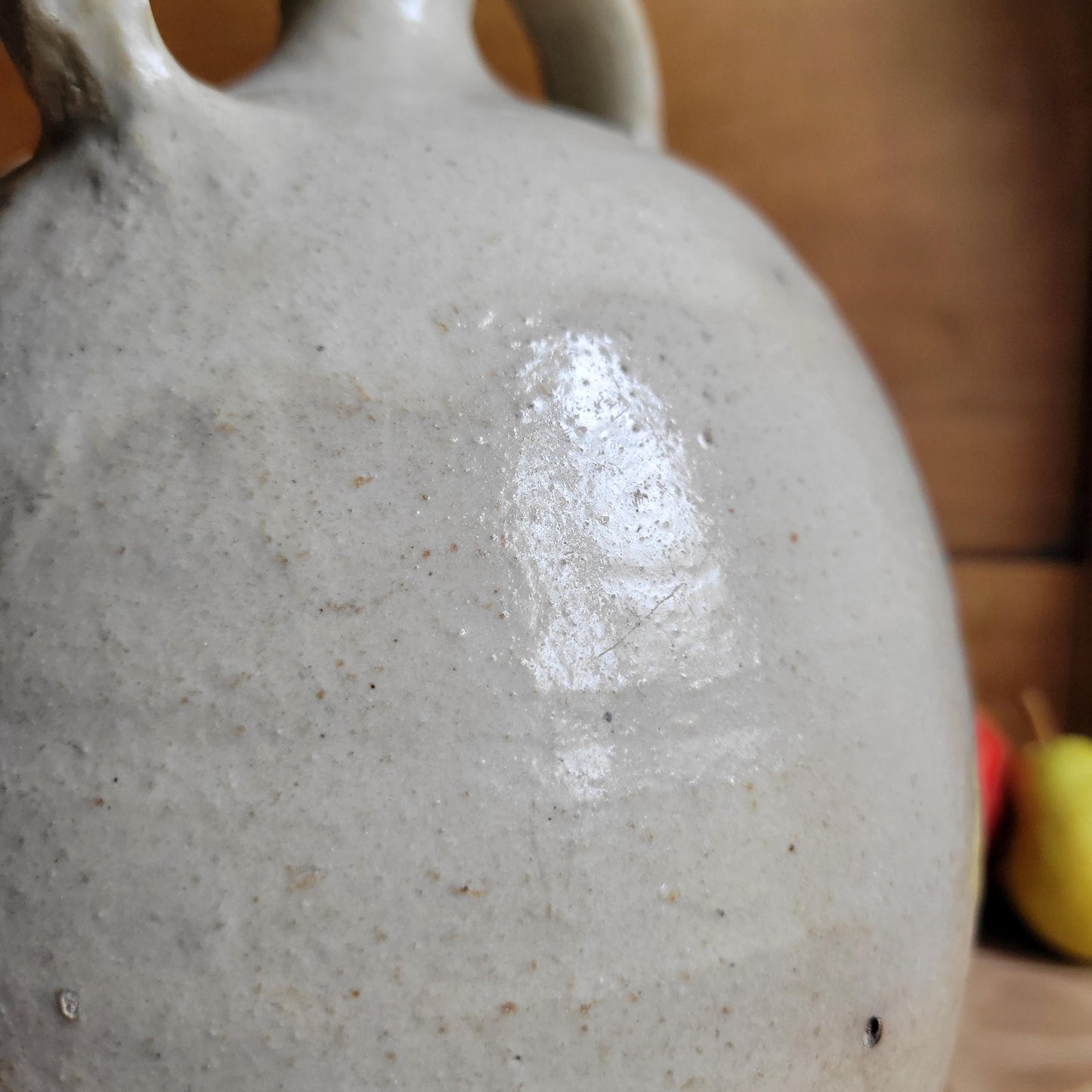 Tall Antique French Oil Jug with Twin Handles at Spout, Ecru Stoneware, La Borne c.1900