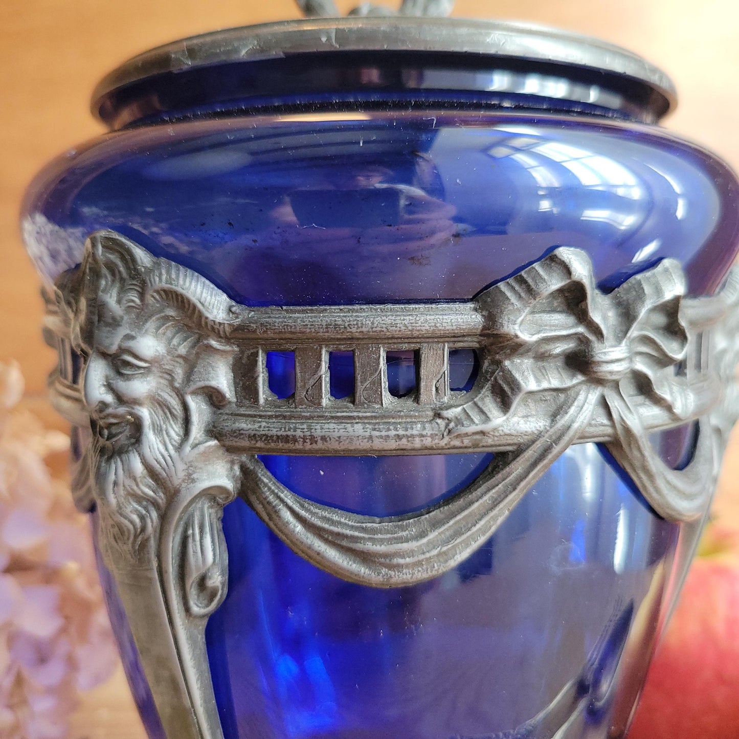 Antique Glass Cache pot with faceted blue glass and pewter mount France c 1900