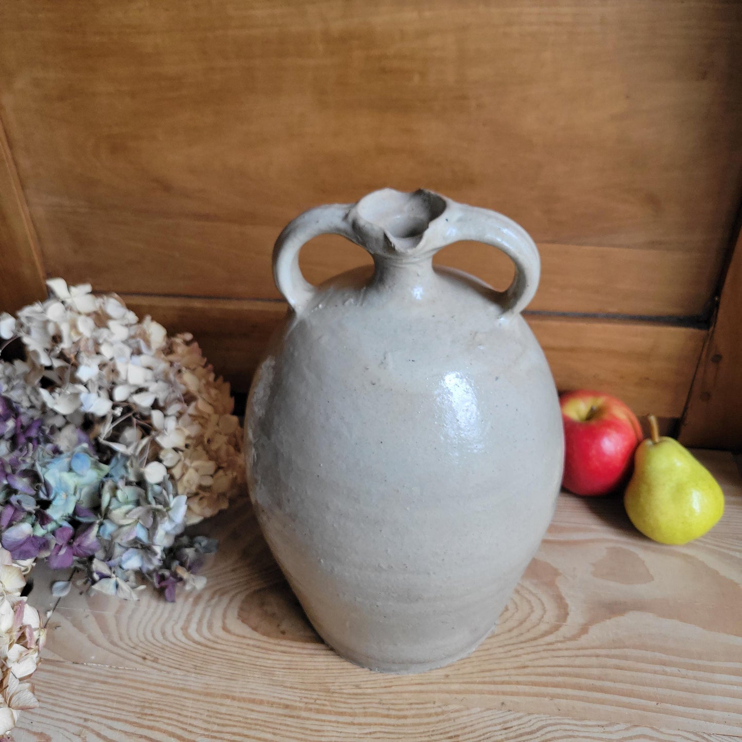 Tall Antique French Oil Jug with Twin Handles at Spout, Ecru Stoneware, La Borne c.1900