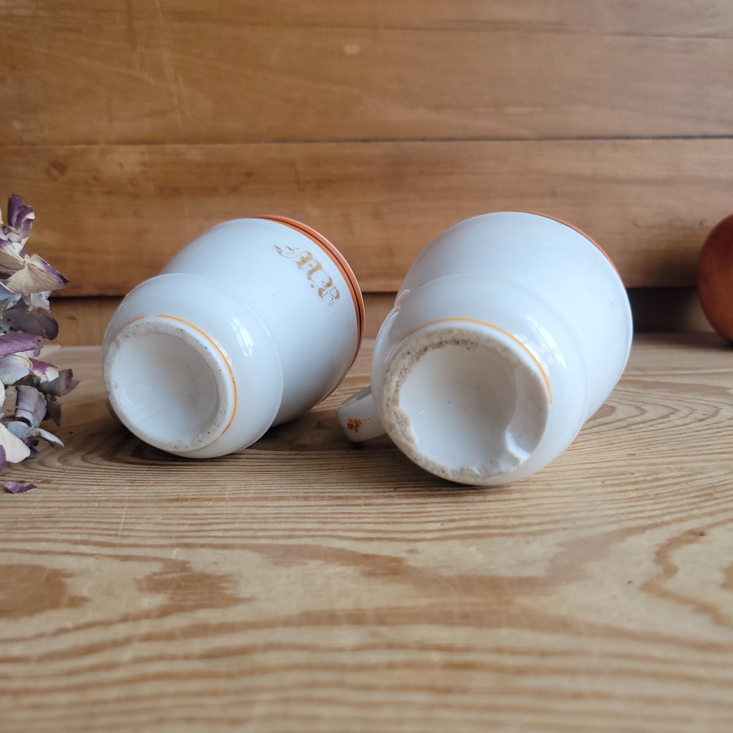 Pair of Antique French Bistro Cups in Paris porcelain, Monogram ‘MR’ or ‘MP’ w orange band decoration
