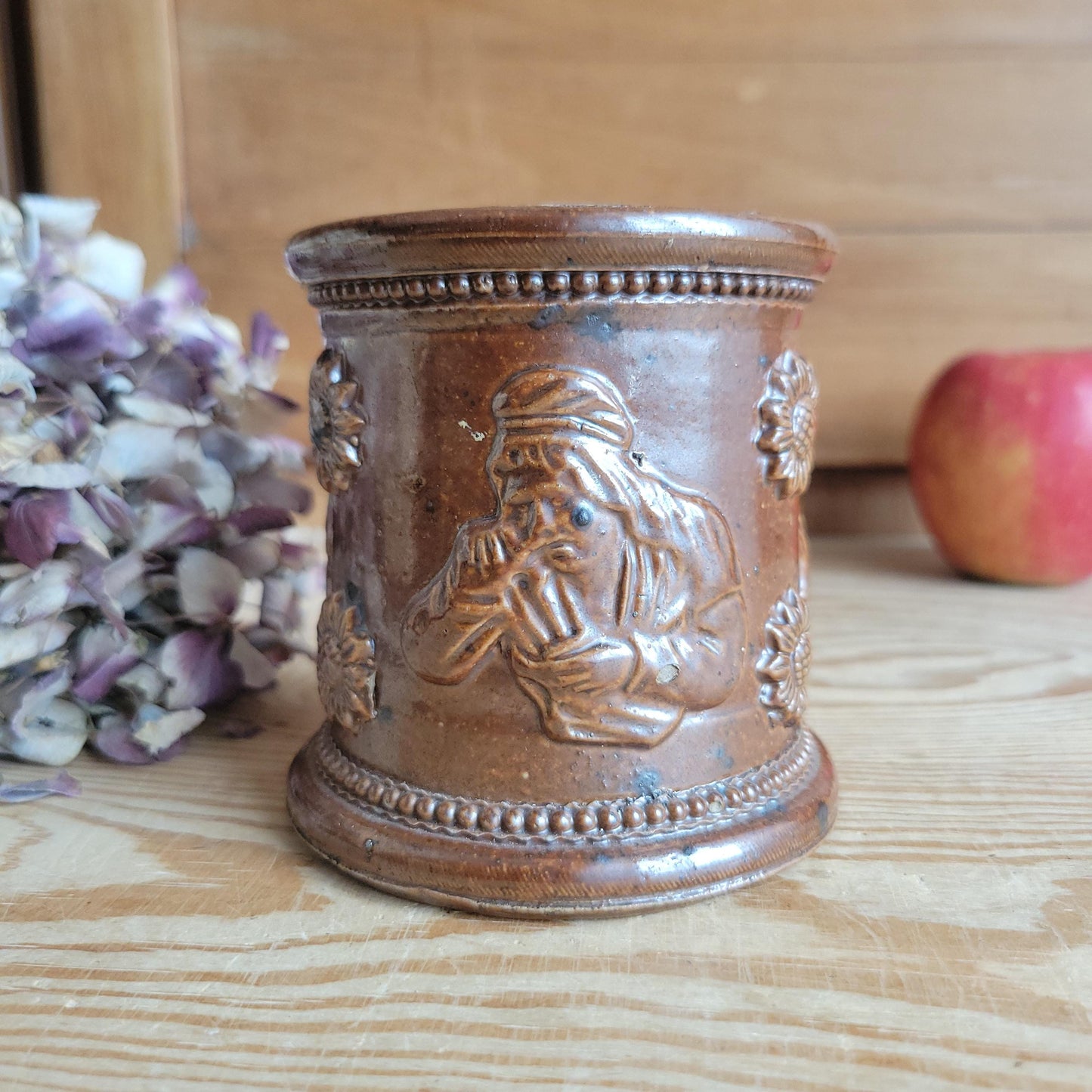 Salt-Glazed ‘Tabac’ (tobacco) Pot with Snuff-Taking Figure, France c.1921