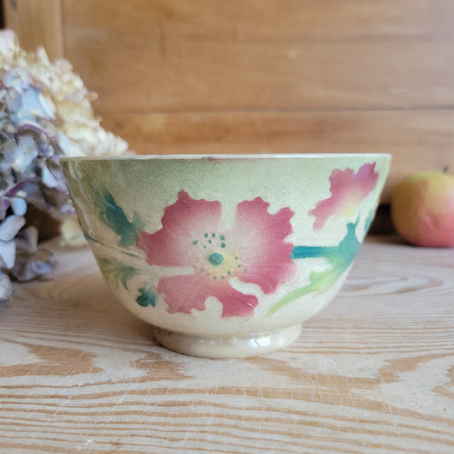 Antique French Majolica Café au Lait Bowl with Hibiscus Decoration, France c.1890