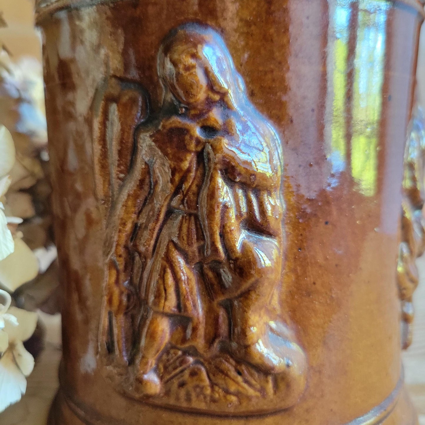 Antique French Salt-Glazed 'Tabac' (Tobacco) Pot with Figures and Tobacco Leaf Decoration, France c.1920