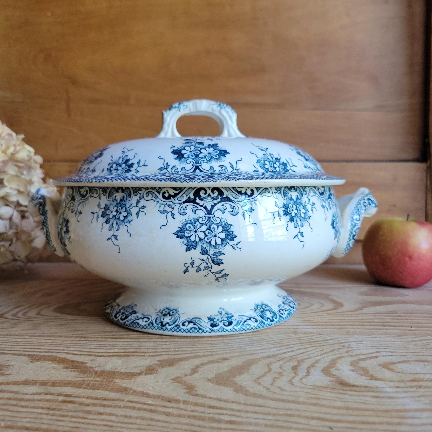 Antique Teal Transferware Legumier with Lid, Attributed to St Amand, France c.1910