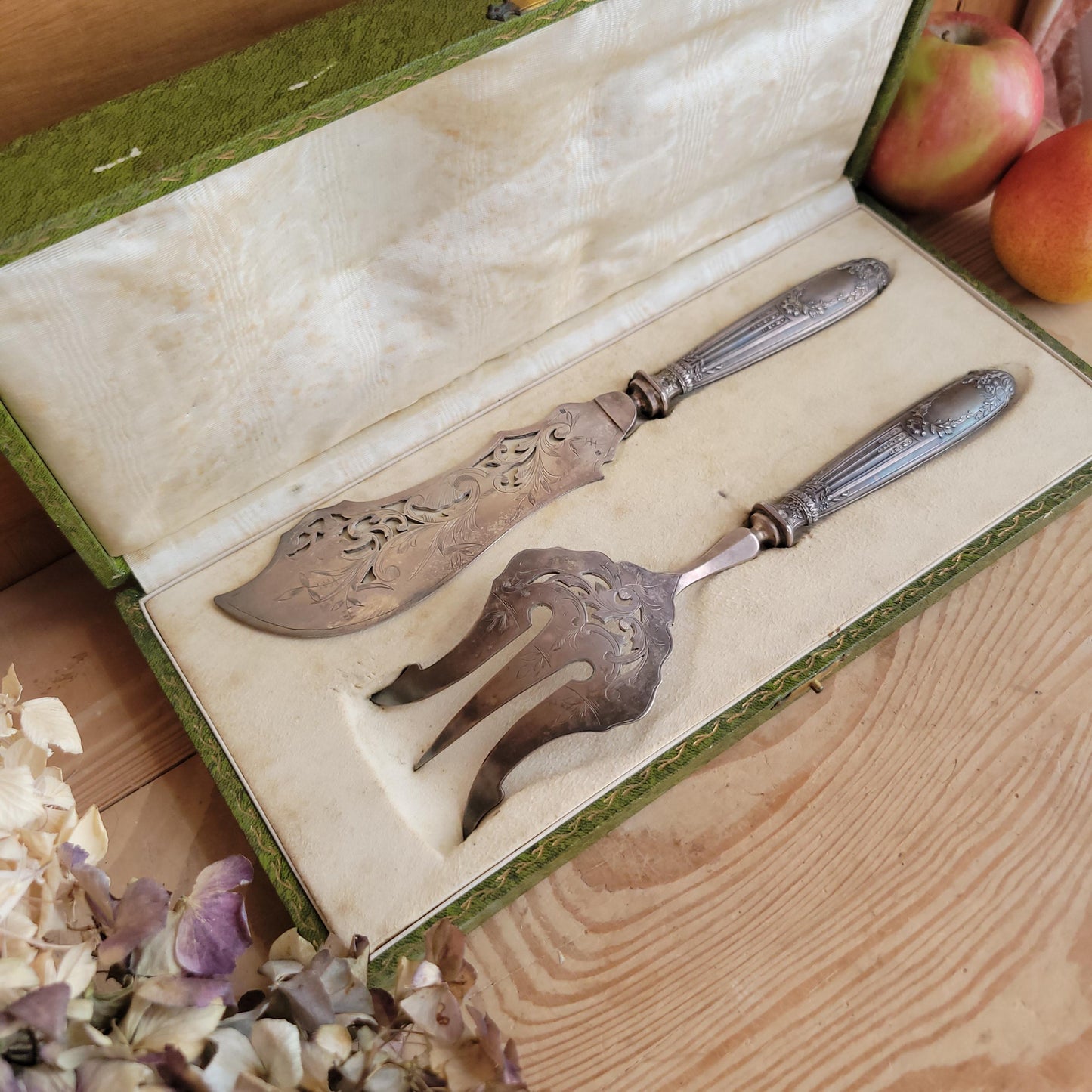 Antique French Ornate Fish Serving Set in Original Green Presentation Box