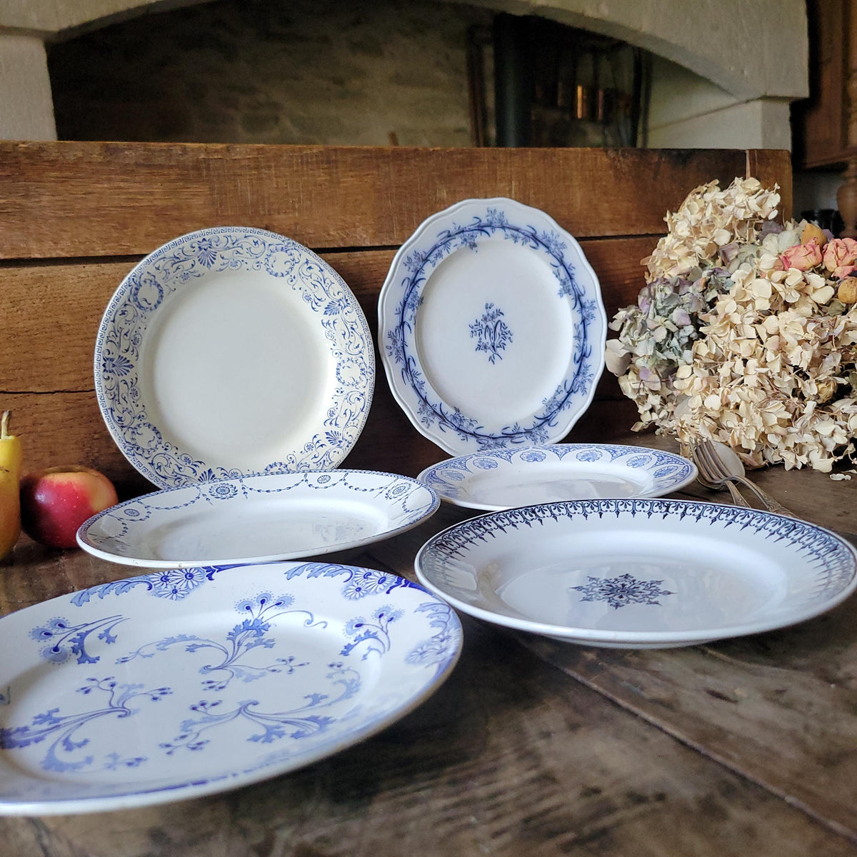 Antique Mismatched Ironstone Dinner Plates - Set of 6 Blue Transferware, c1890