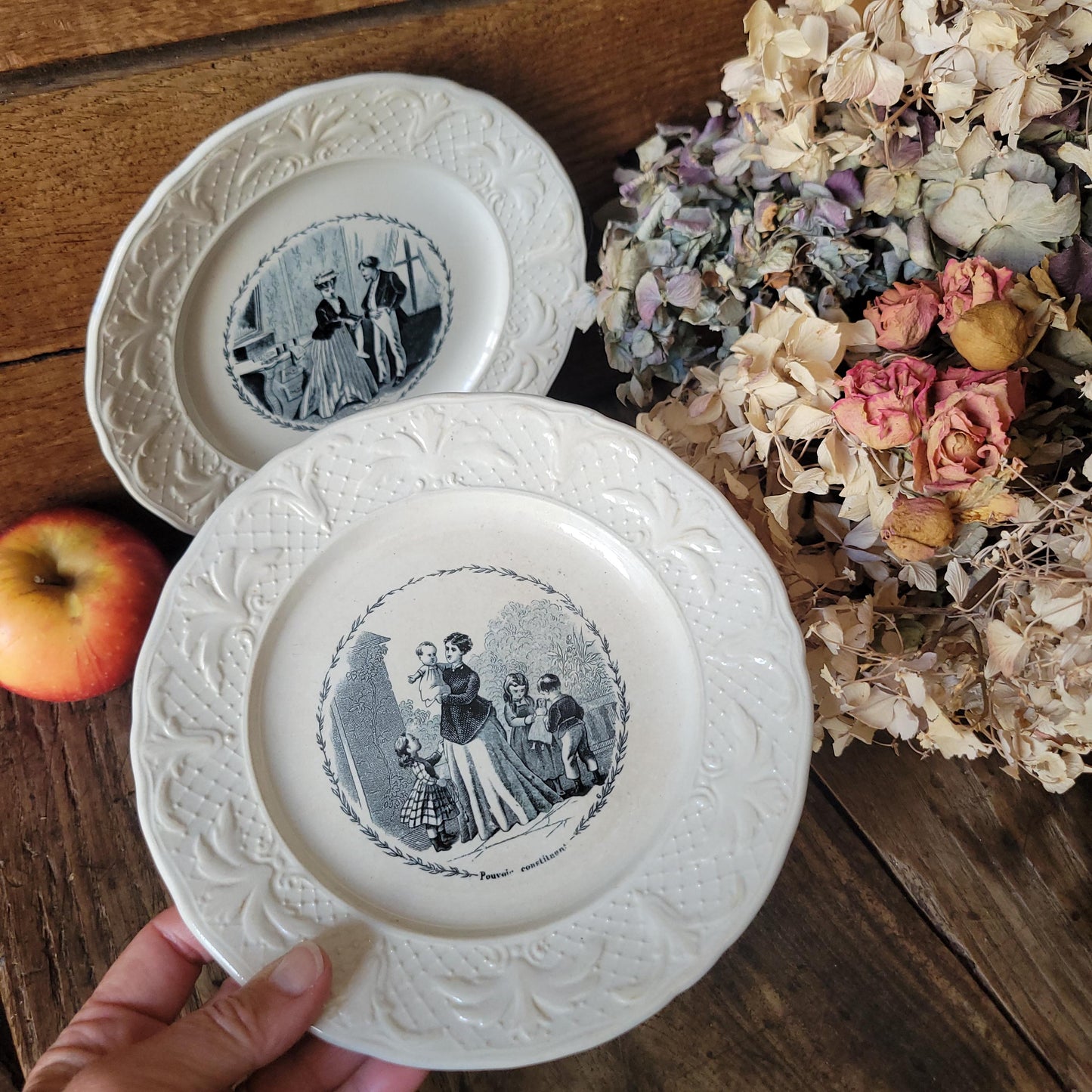 Pair of French antique black transferware 'talking plates' c1880 by Jules Vieillard, Bordeaux, France