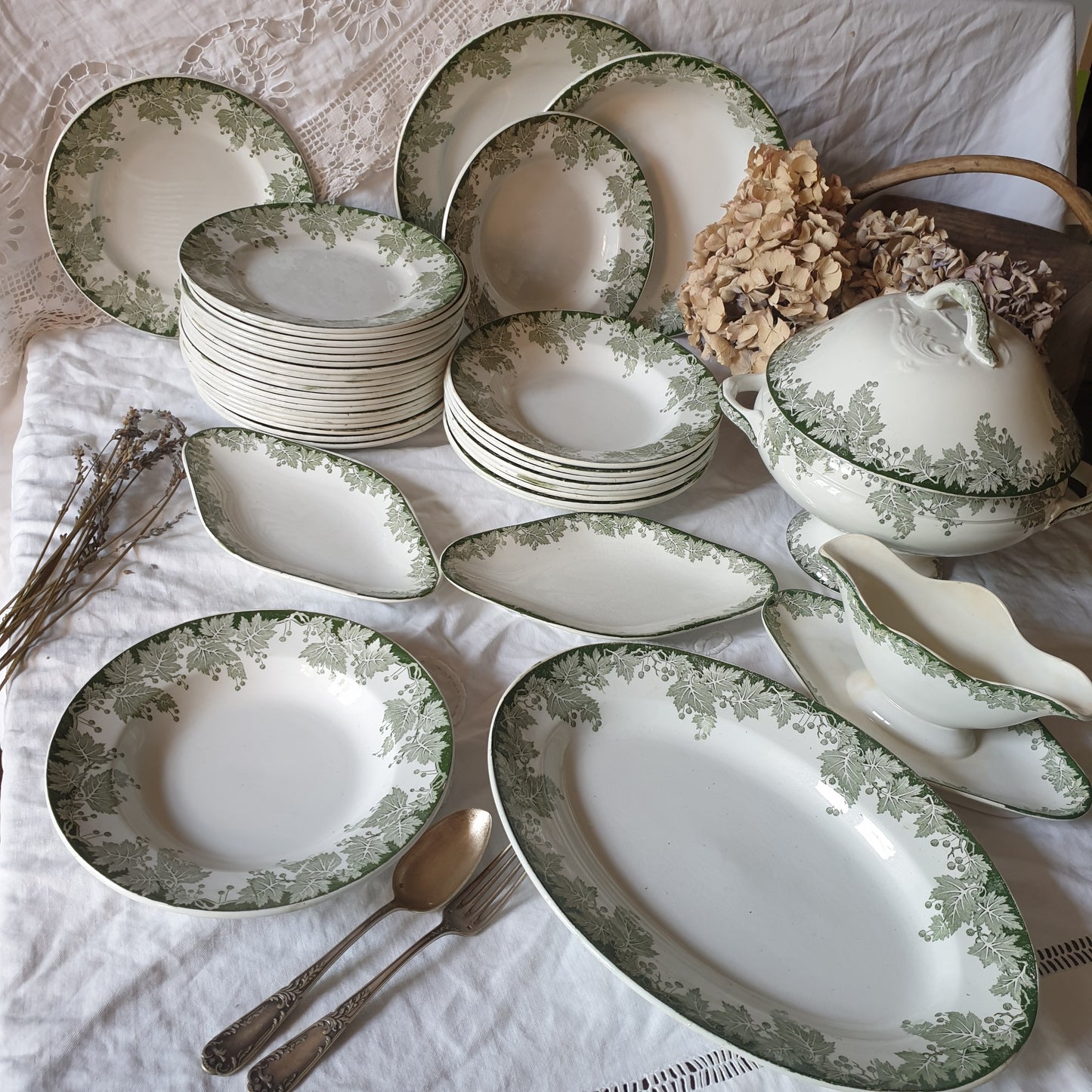 40 pc French antique green white transferware dinner service c1910, Platane Saint Amand France, 10 place setting (+ extras) & serving dishes