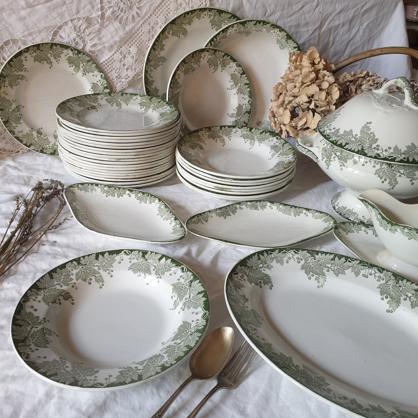 40 pc French antique green white transferware dinner service c1910, Platane Saint Amand France, 10 place setting (+ extras) & serving dishes