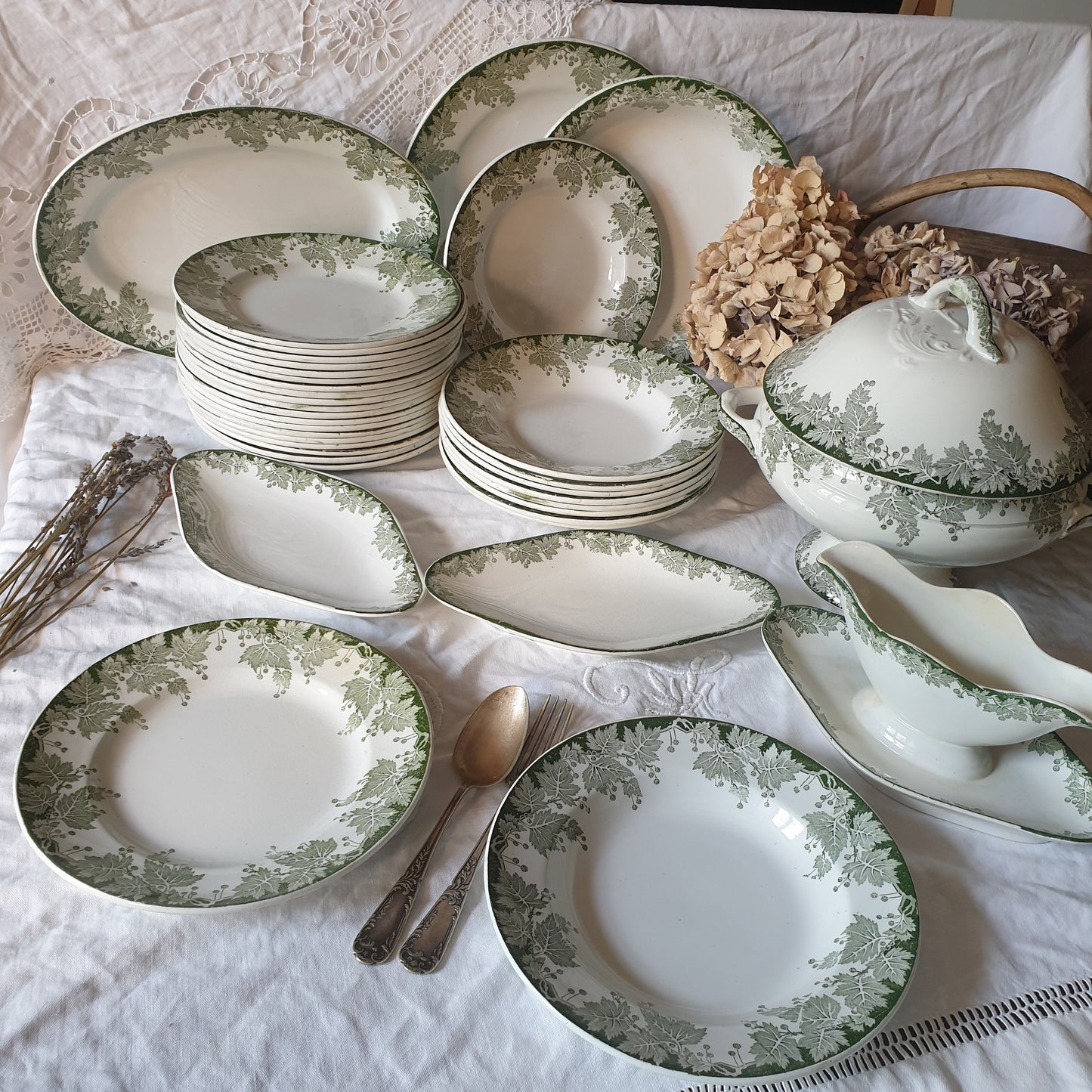 40 pc French antique green white transferware dinner service c1910, Platane Saint Amand France, 10 place setting (+ extras) & serving dishes