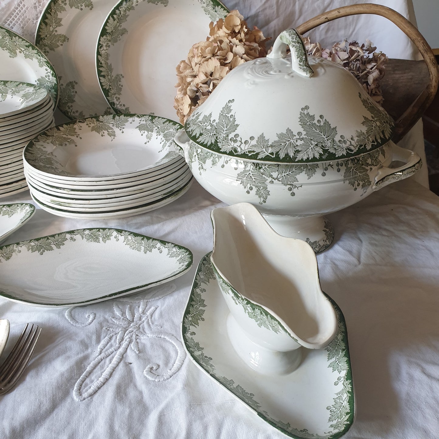 40 pc French antique green white transferware dinner service c1910, Platane Saint Amand France, 10 place setting (+ extras) & serving dishes