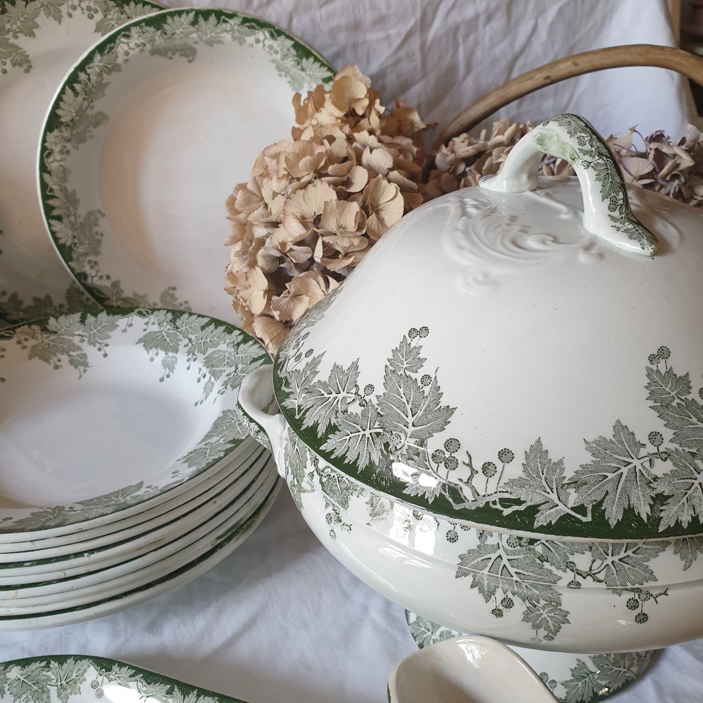 40 pc French antique green white transferware dinner service c1910, Platane Saint Amand France, 10 place setting (+ extras) & serving dishes