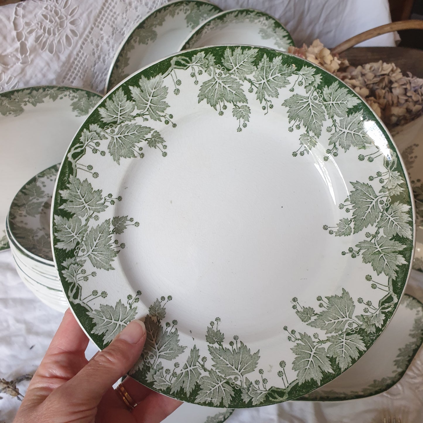 40 pc French antique green white transferware dinner service c1910, Platane Saint Amand France, 10 place setting (+ extras) & serving dishes