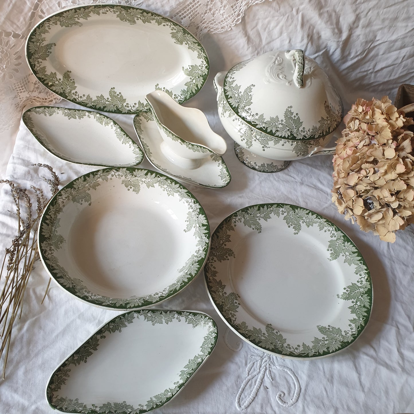 40 pc French antique green white transferware dinner service c1910, Platane Saint Amand France, 10 place setting (+ extras) & serving dishes