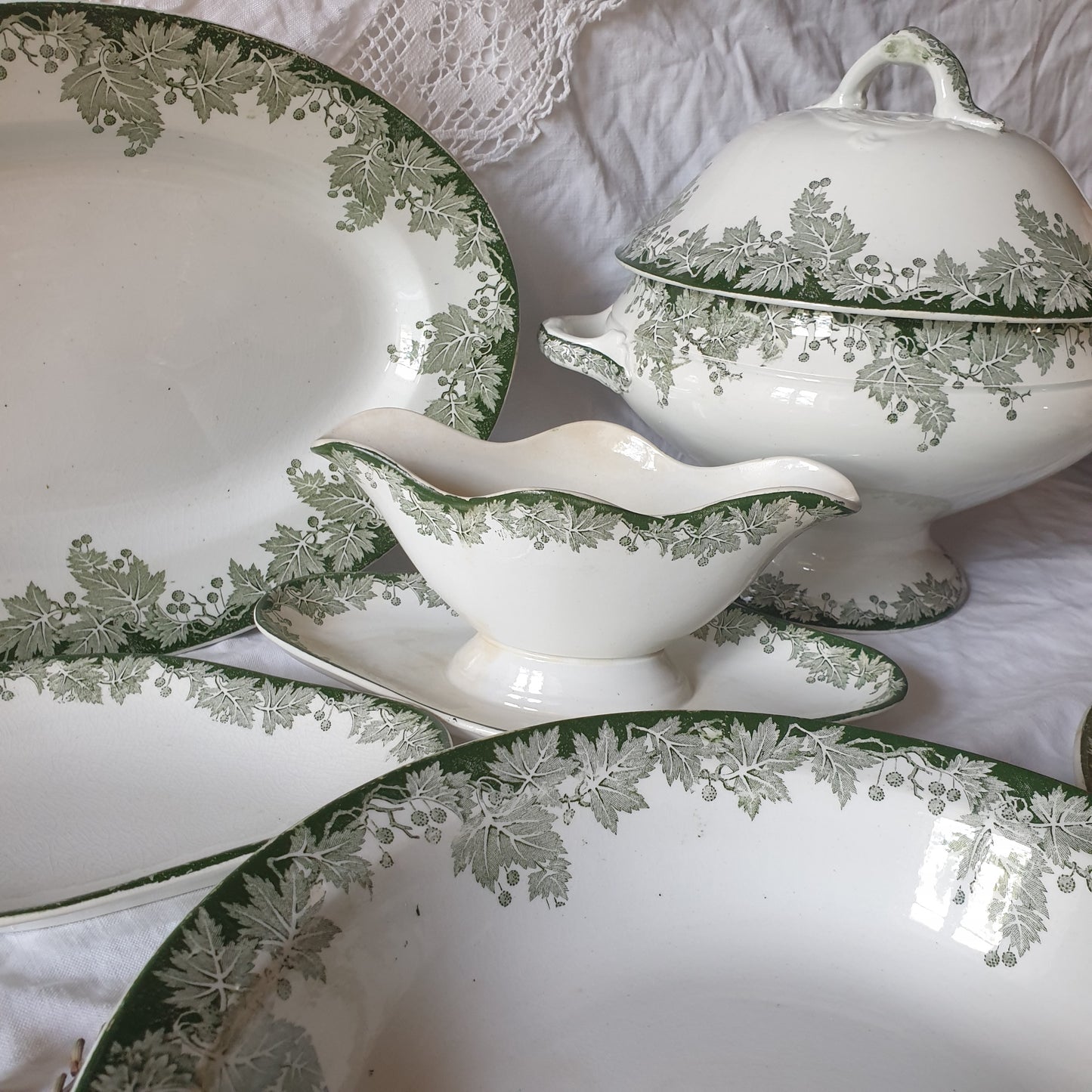 40 pc French antique green white transferware dinner service c1910, Platane Saint Amand France, 10 place setting (+ extras) & serving dishes