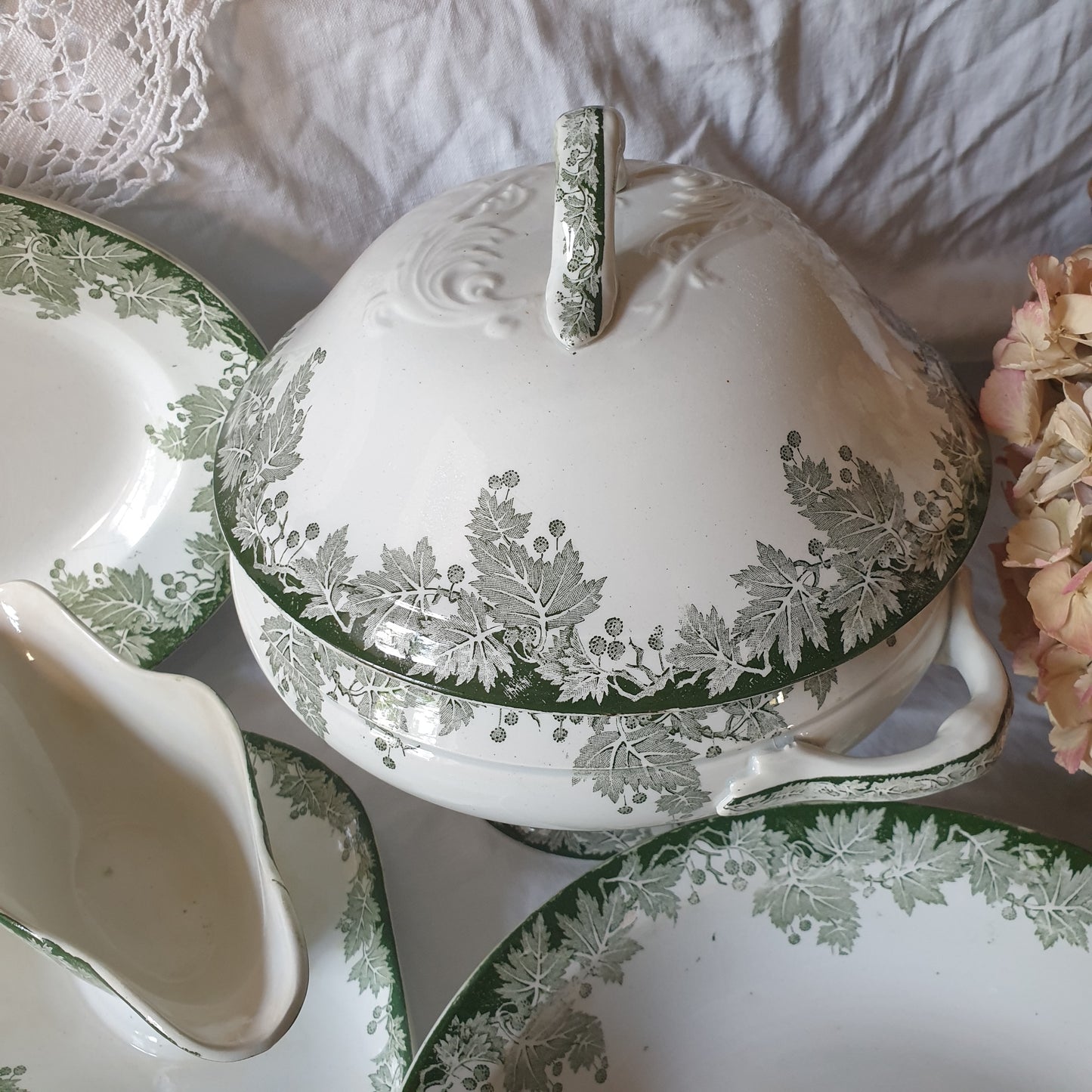 40 pc French antique green white transferware dinner service c1910, Platane Saint Amand France, 10 place setting (+ extras) & serving dishes