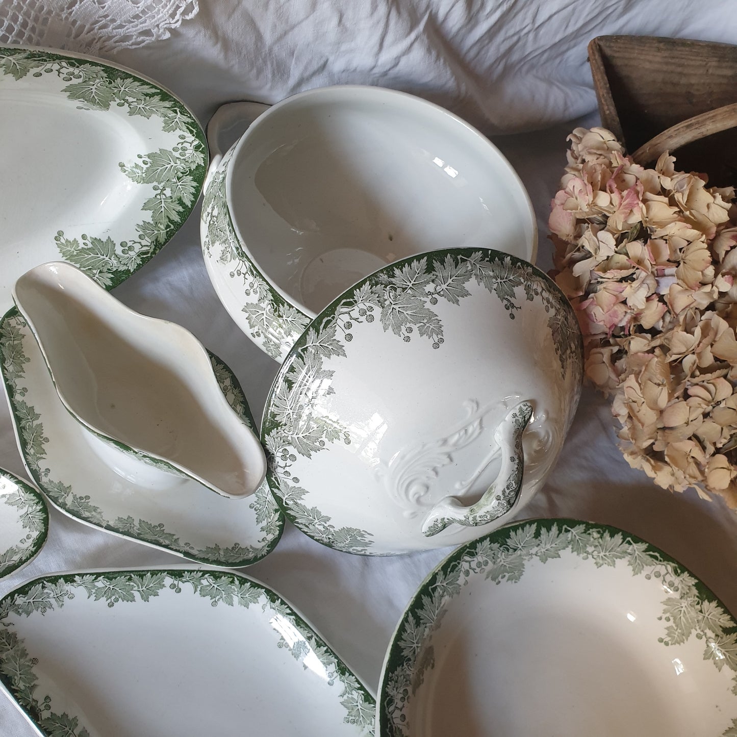 40 pc French antique green white transferware dinner service c1910, Platane Saint Amand France, 10 place setting (+ extras) & serving dishes