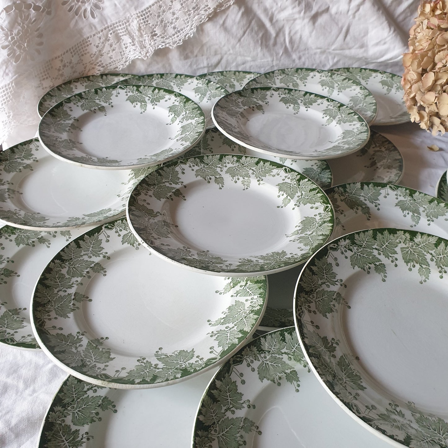 40 pc French antique green white transferware dinner service c1910, Platane Saint Amand France, 10 place setting (+ extras) & serving dishes