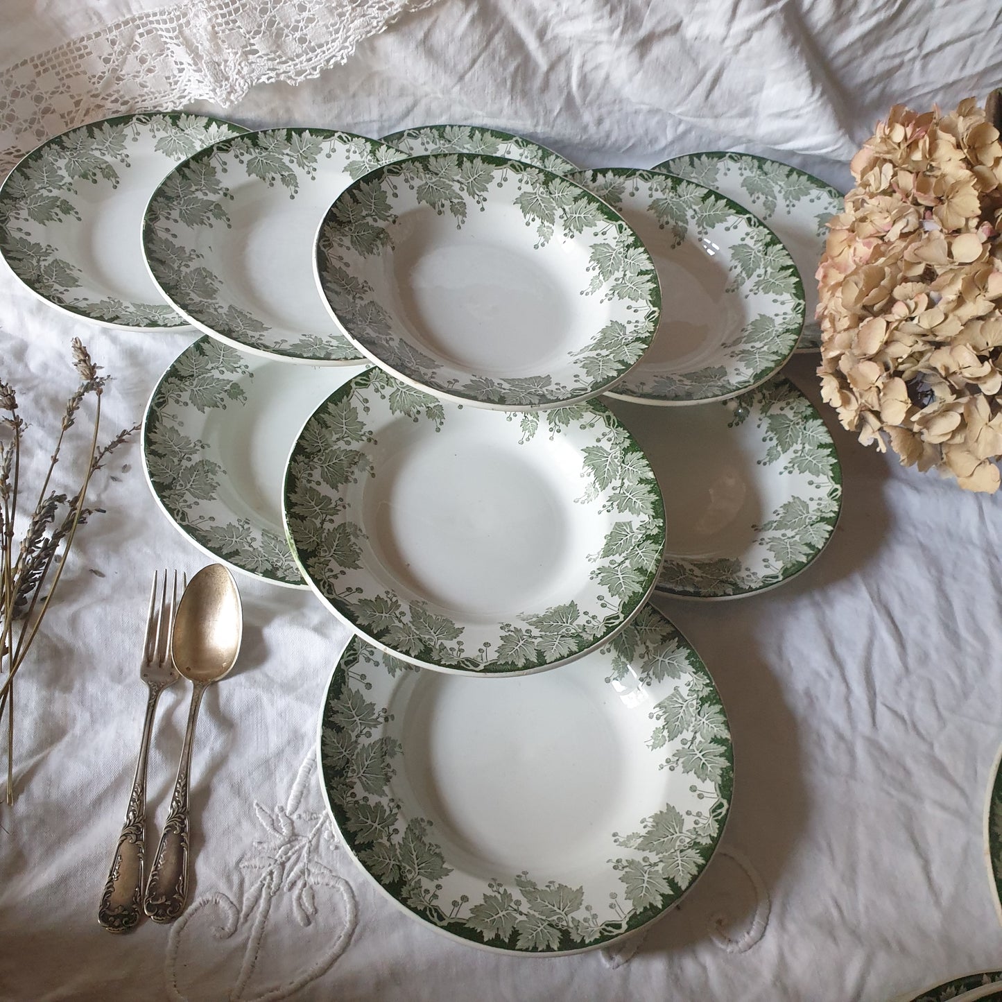 40 pc French antique green white transferware dinner service c1910, Platane Saint Amand France, 10 place setting (+ extras) & serving dishes