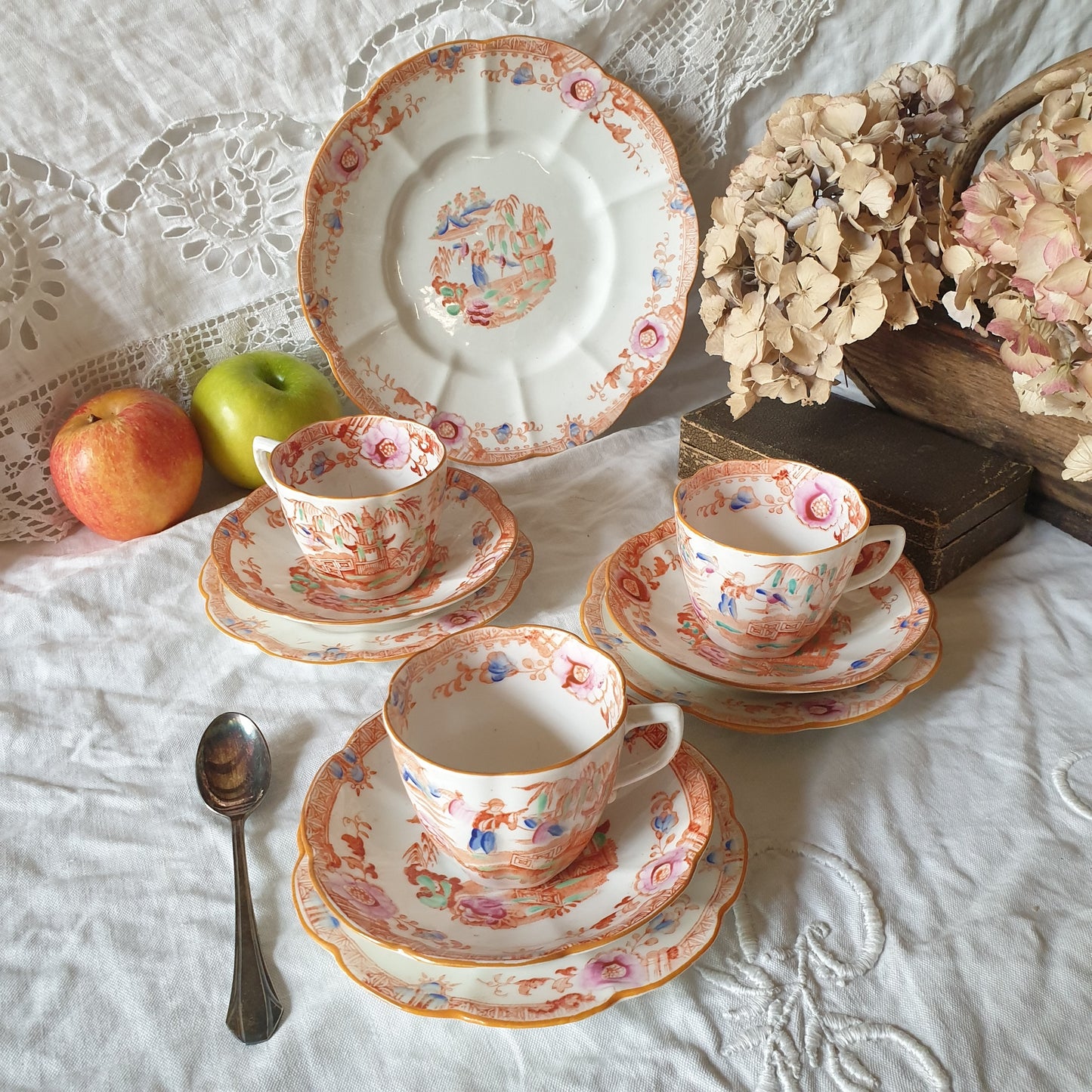 19thC English Staffordshire orange 'Slamat' pattern antique porcelain tea service c1820-1850