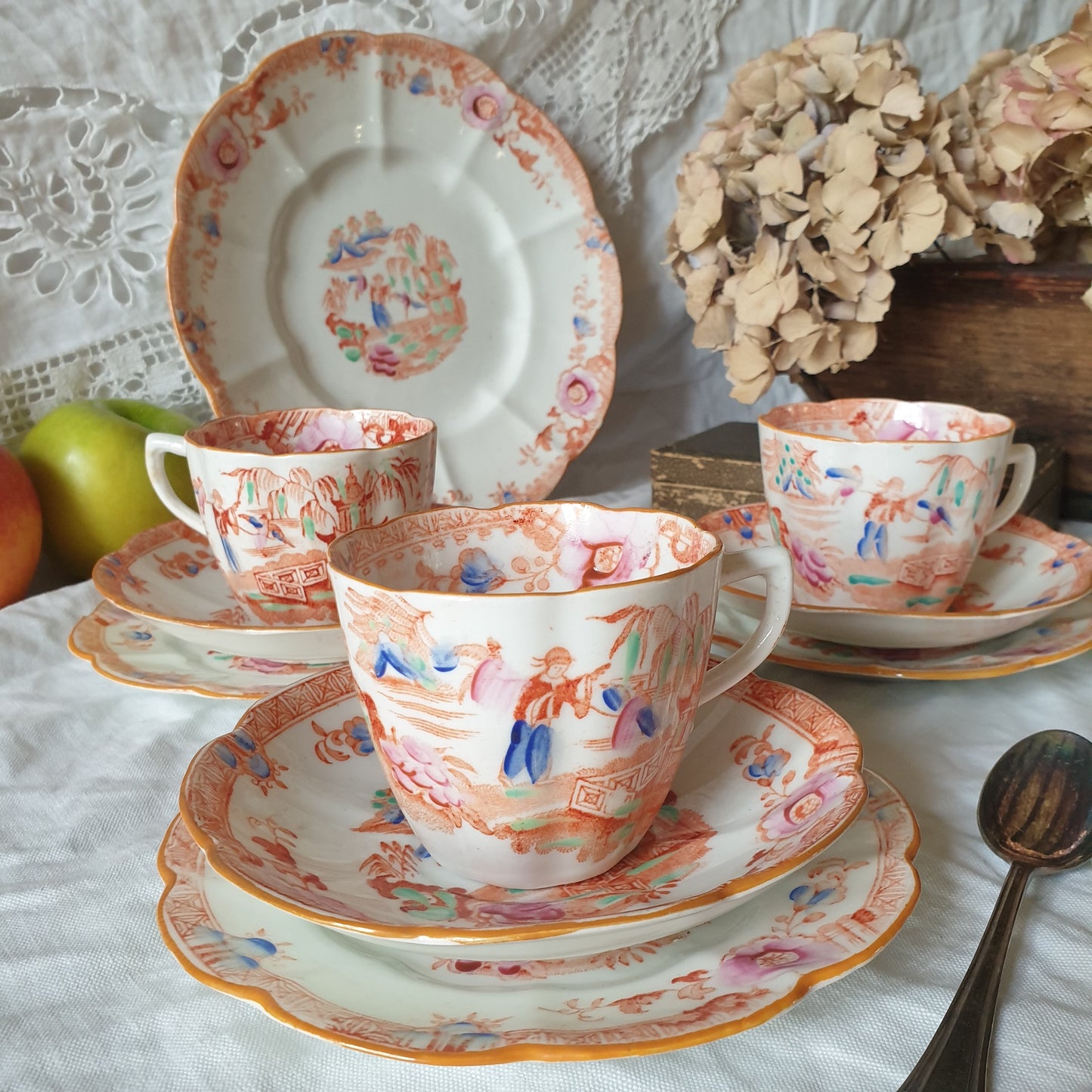 19thC English Staffordshire orange 'Slamat' pattern antique porcelain tea service c1820-1850