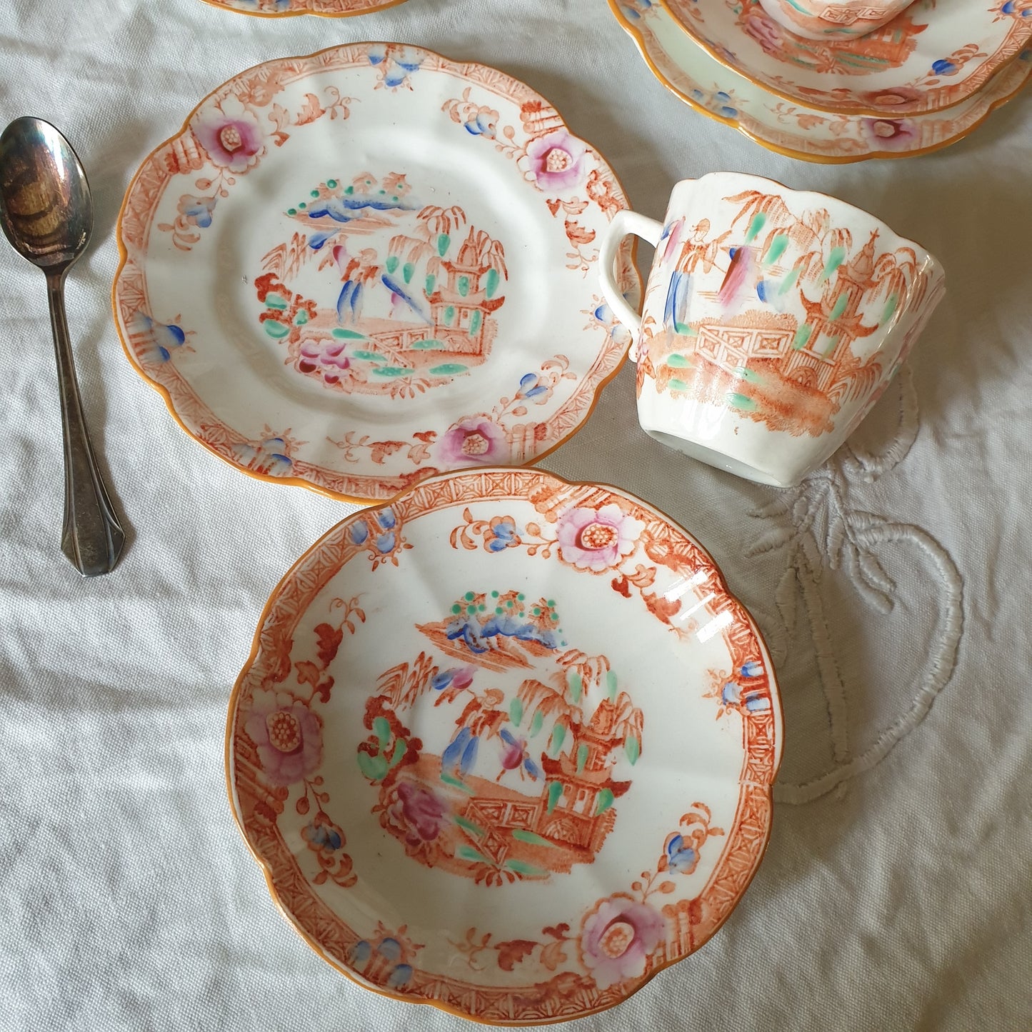 19thC English Staffordshire orange 'Slamat' pattern antique porcelain tea service c1820-1850