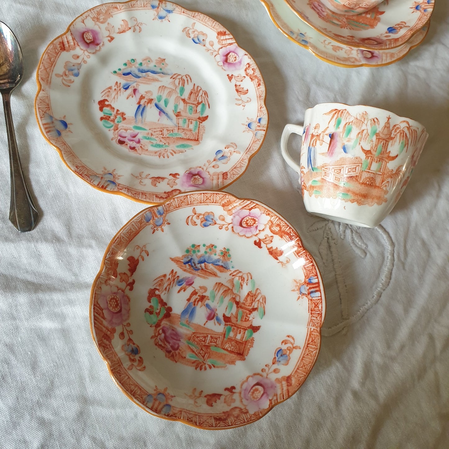 19thC English Staffordshire orange 'Slamat' pattern antique porcelain tea service c1820-1850