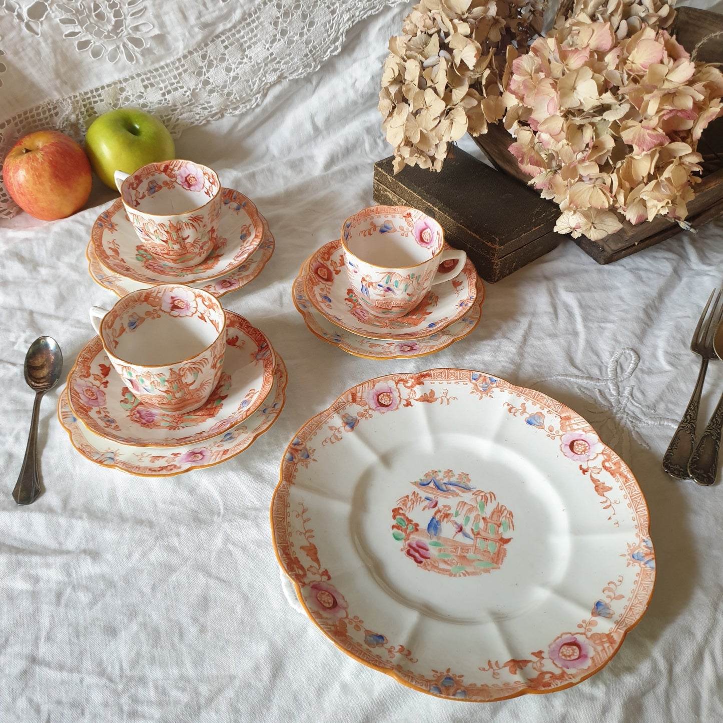 19thC English Staffordshire orange 'Slamat' pattern antique porcelain tea service c1820-1850