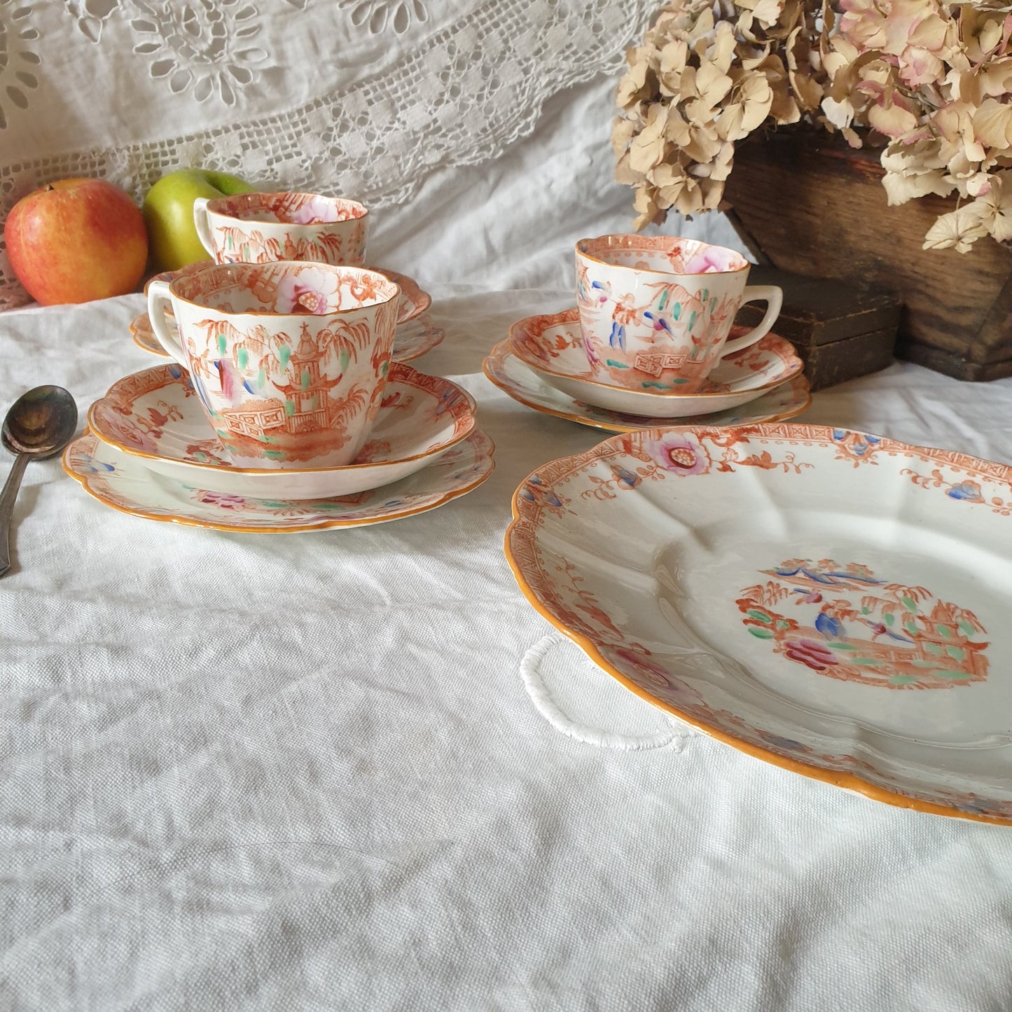 19thC English Staffordshire orange 'Slamat' pattern antique porcelain tea service c1820-1850