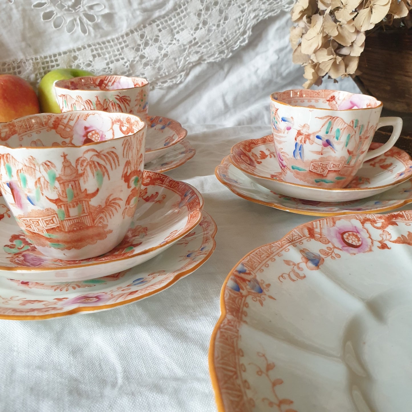 19thC English Staffordshire orange 'Slamat' pattern antique porcelain tea service c1820-1850