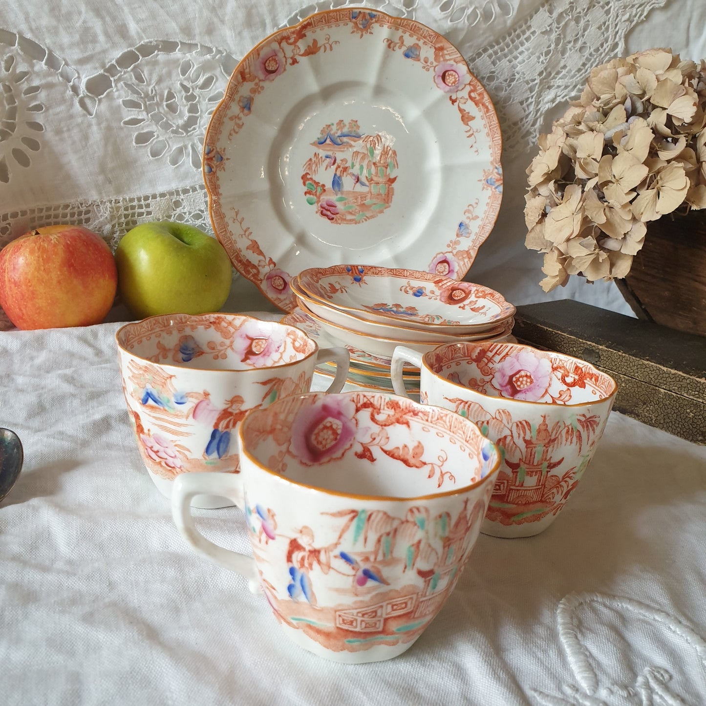 19thC English Staffordshire orange 'Slamat' pattern antique porcelain tea service c1820-1850