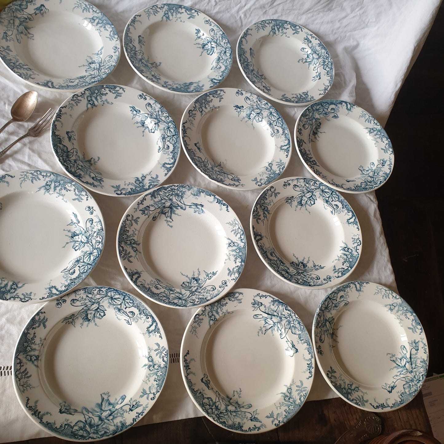 Set of 12 French antique 10" soup plates, blue transferware c1890 'Cyclames' by Leon Graves, Clairefontaine