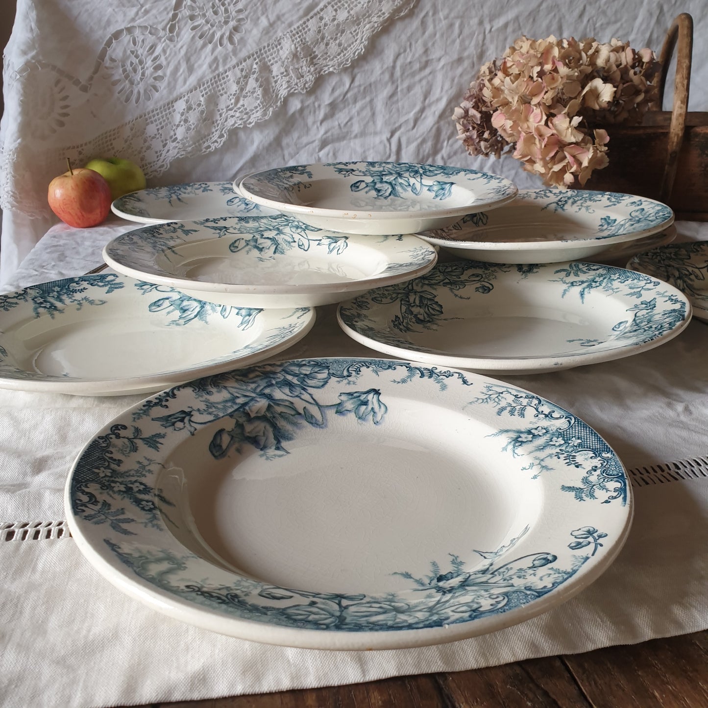 Set of 12 French antique 10" soup plates, blue transferware c1890 'Cyclames' by Leon Graves, Clairefontaine