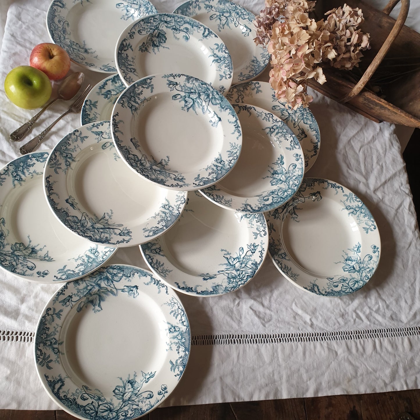 Set of 12 French antique 10" soup plates, blue transferware c1890 'Cyclames' by Leon Graves, Clairefontaine