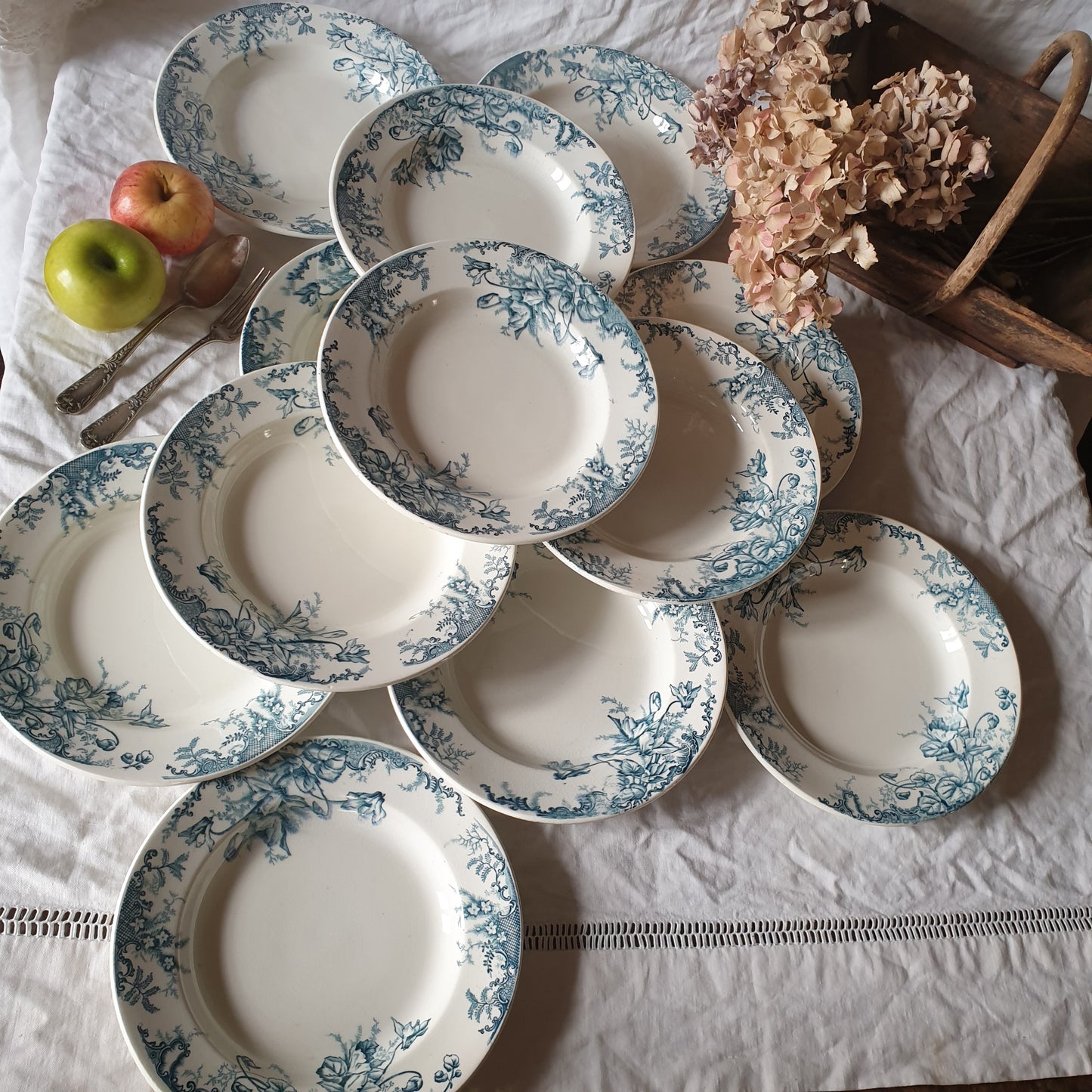 Set of 12 French antique 10" soup plates, blue transferware c1890 'Cyclames' by Leon Graves, Clairefontaine