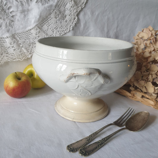 French white ironstone soup tureen, Choisy le Roi, c1880, shabby w tea stain patina