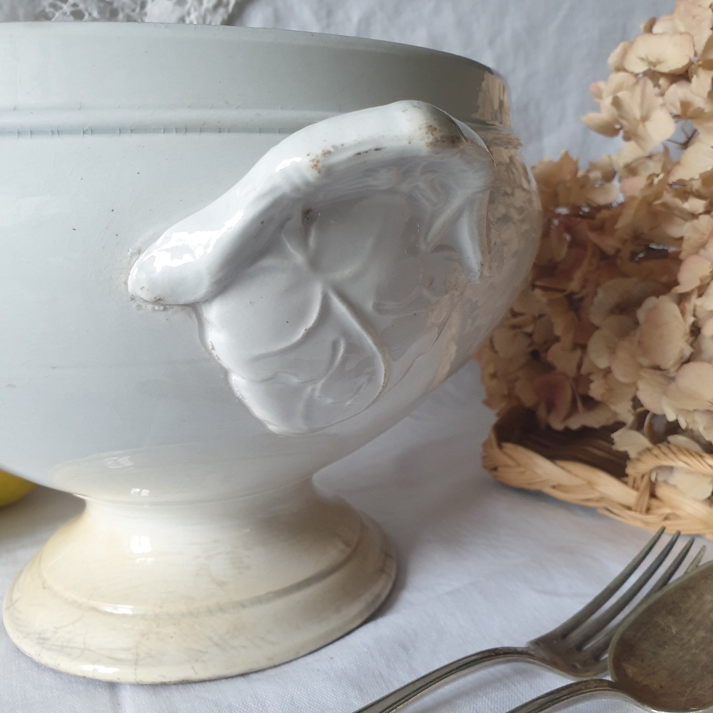 French white ironstone soup tureen, Choisy le Roi, c1880, shabby w tea stain patina