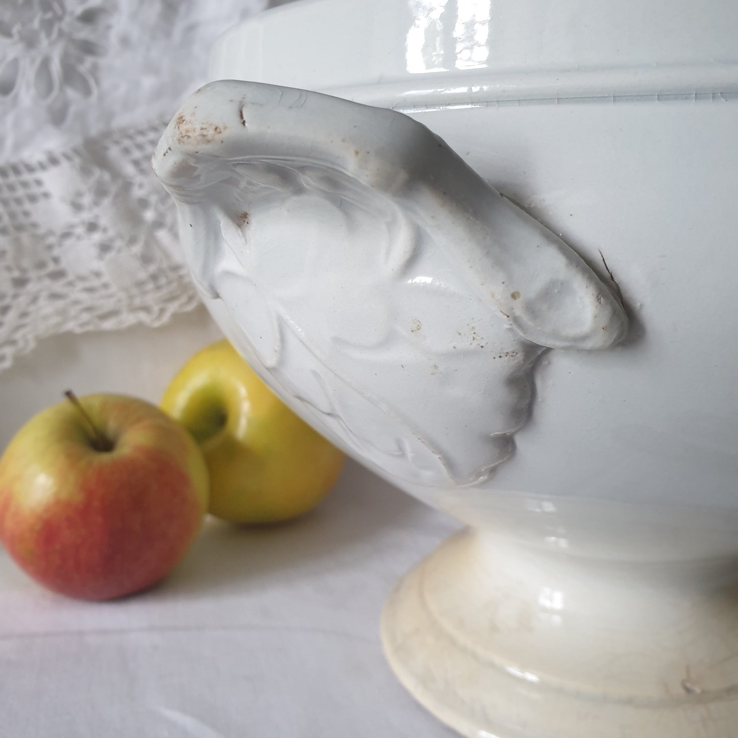 French white ironstone soup tureen, Choisy le Roi, c1880, shabby w tea stain patina