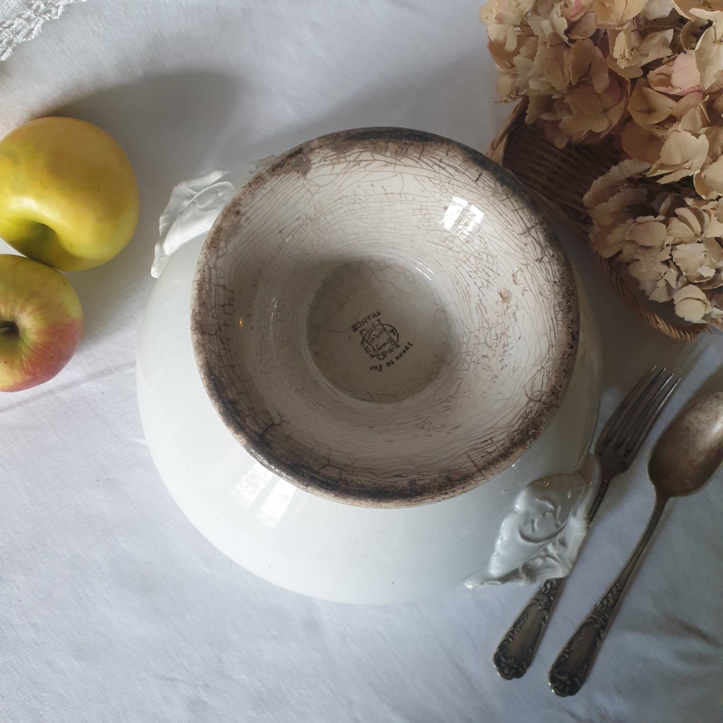 French white ironstone soup tureen, Choisy le Roi, c1880, shabby w tea stain patina