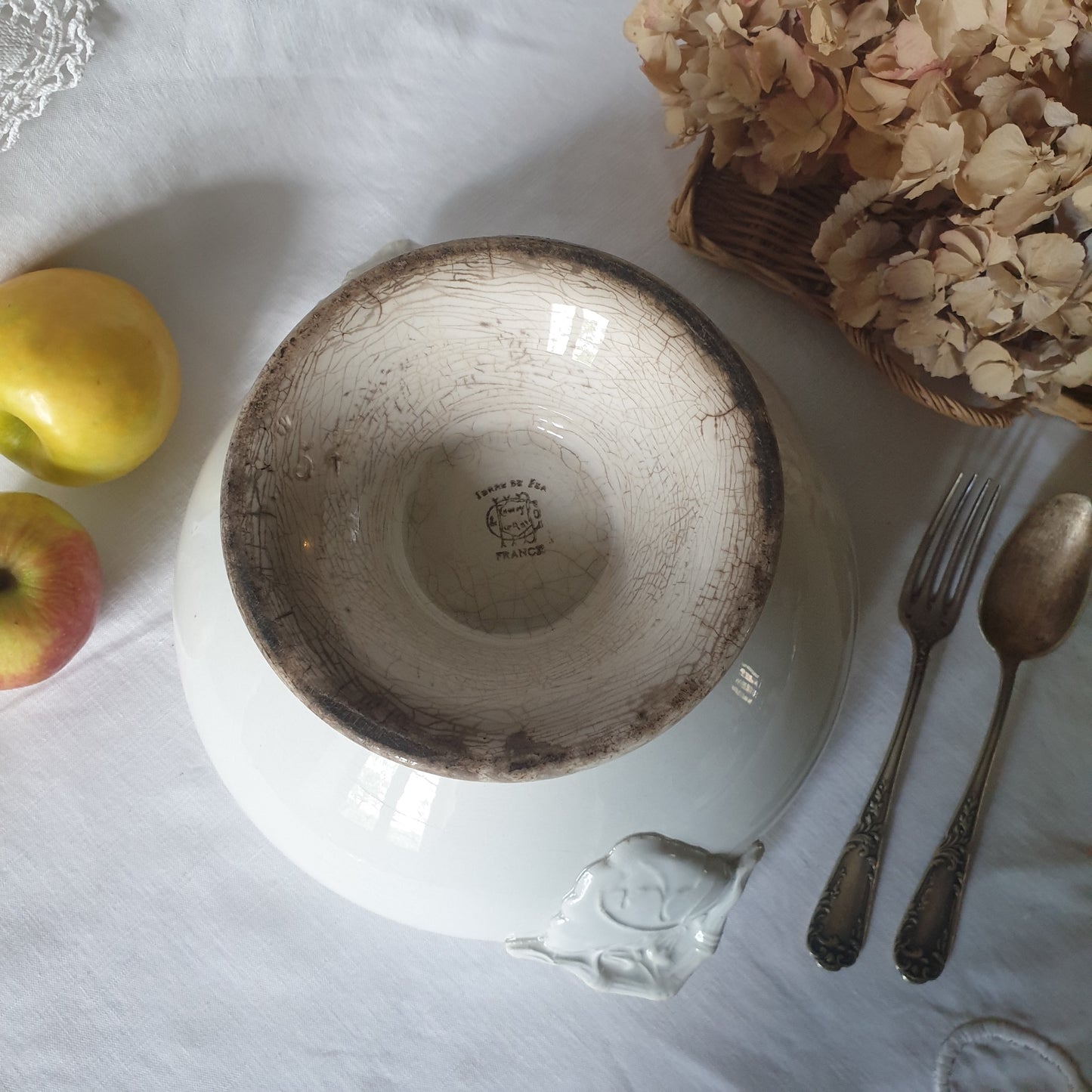 French white ironstone soup tureen, Choisy le Roi, c1880, shabby w tea stain patina