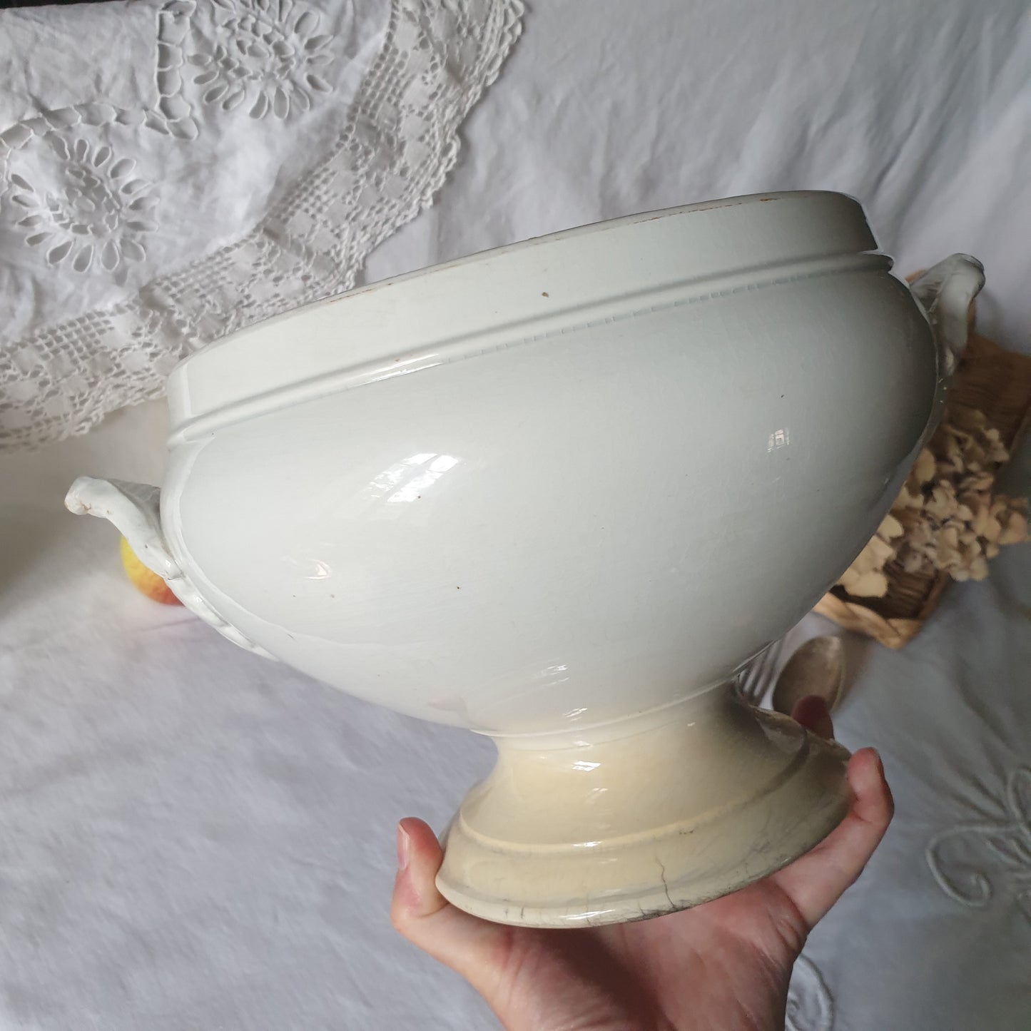 French white ironstone soup tureen, Creil et Montereau, c1880, shabby w tea stain patina