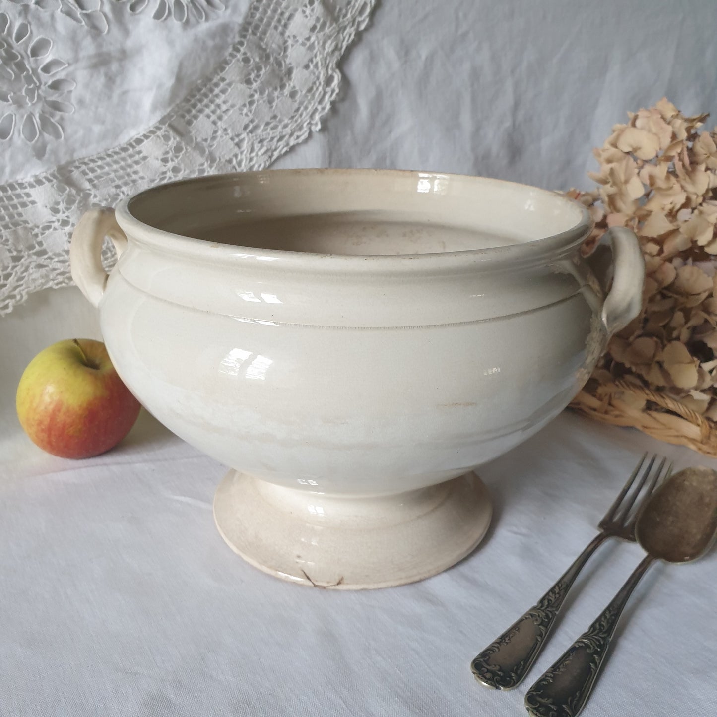 French white ironstone soup tureen, Creil et Montereau, c1880, shabby w tea stain patina